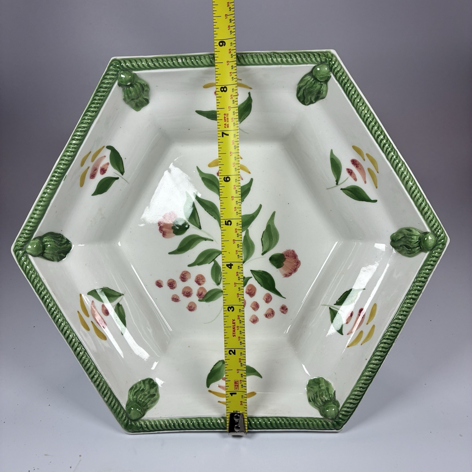 Vintage Italian 10” Pedestal Compote By Nora Fenton Floral Ceramic Hexagon