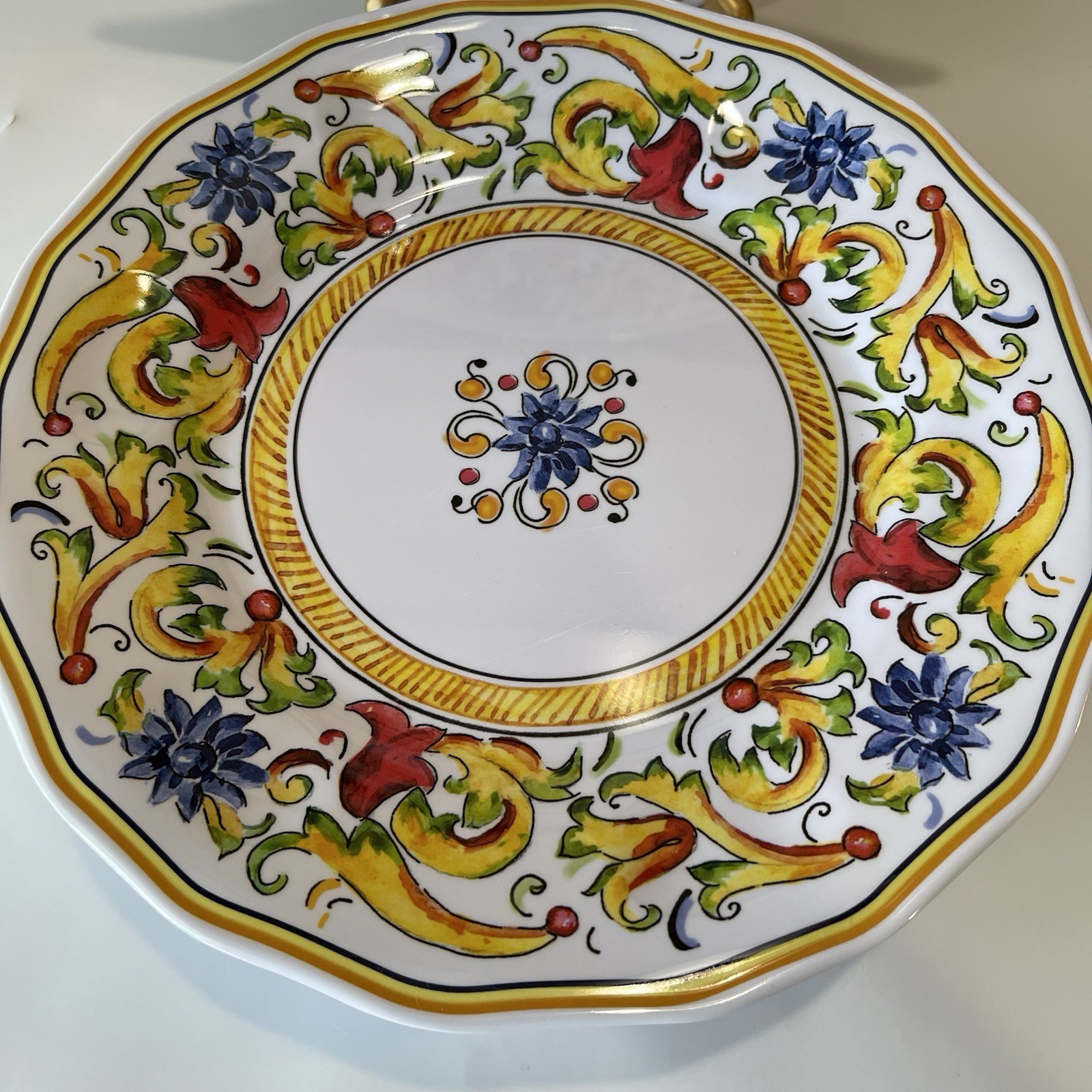 Sur La Table Floreale Melamine Dinner Plates Set Of 6 Yellow Italian Scroll 11″