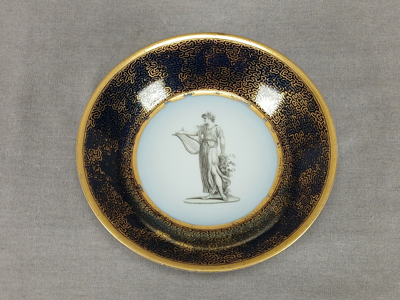 KPM Berlin Hand Painted Neoclassical Figures Cobalt & Gold Cup & Saucer C. 1790