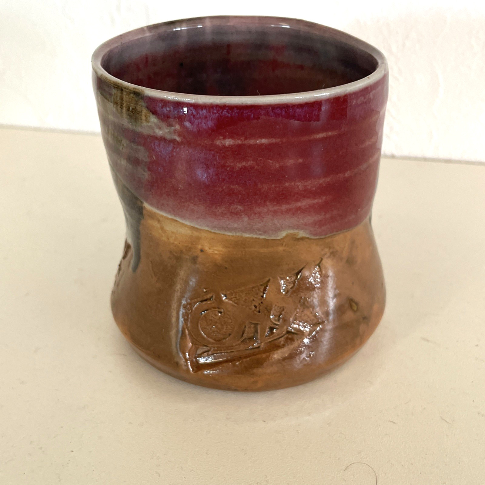 Vtg 15oz Studio Art Pottery Coffee Mug Cup Brown Red Blue Glaze Hand Thrown