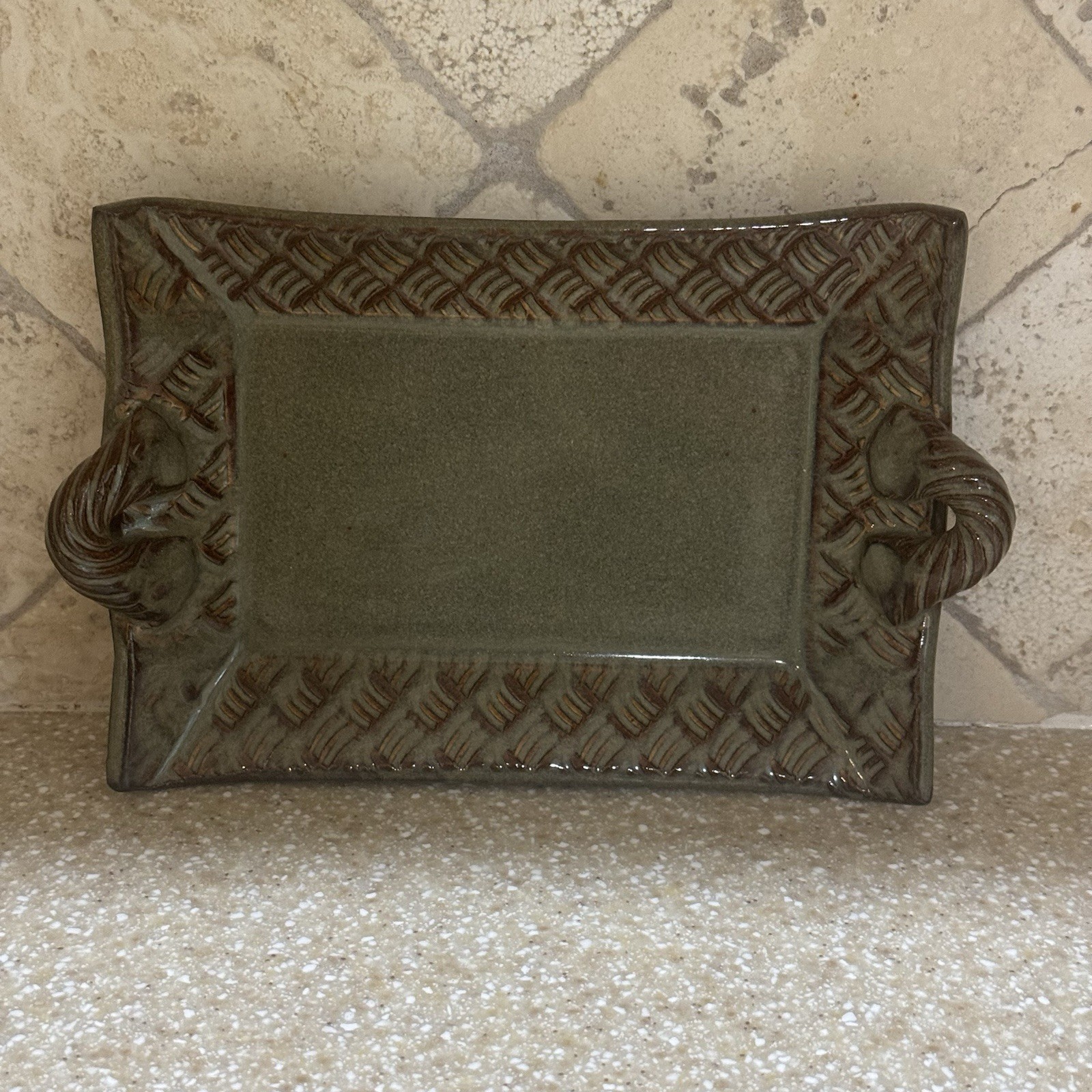 Thomas Pottery Basketweave Tray North Carolina Green Lead Free Handcrafted Dish