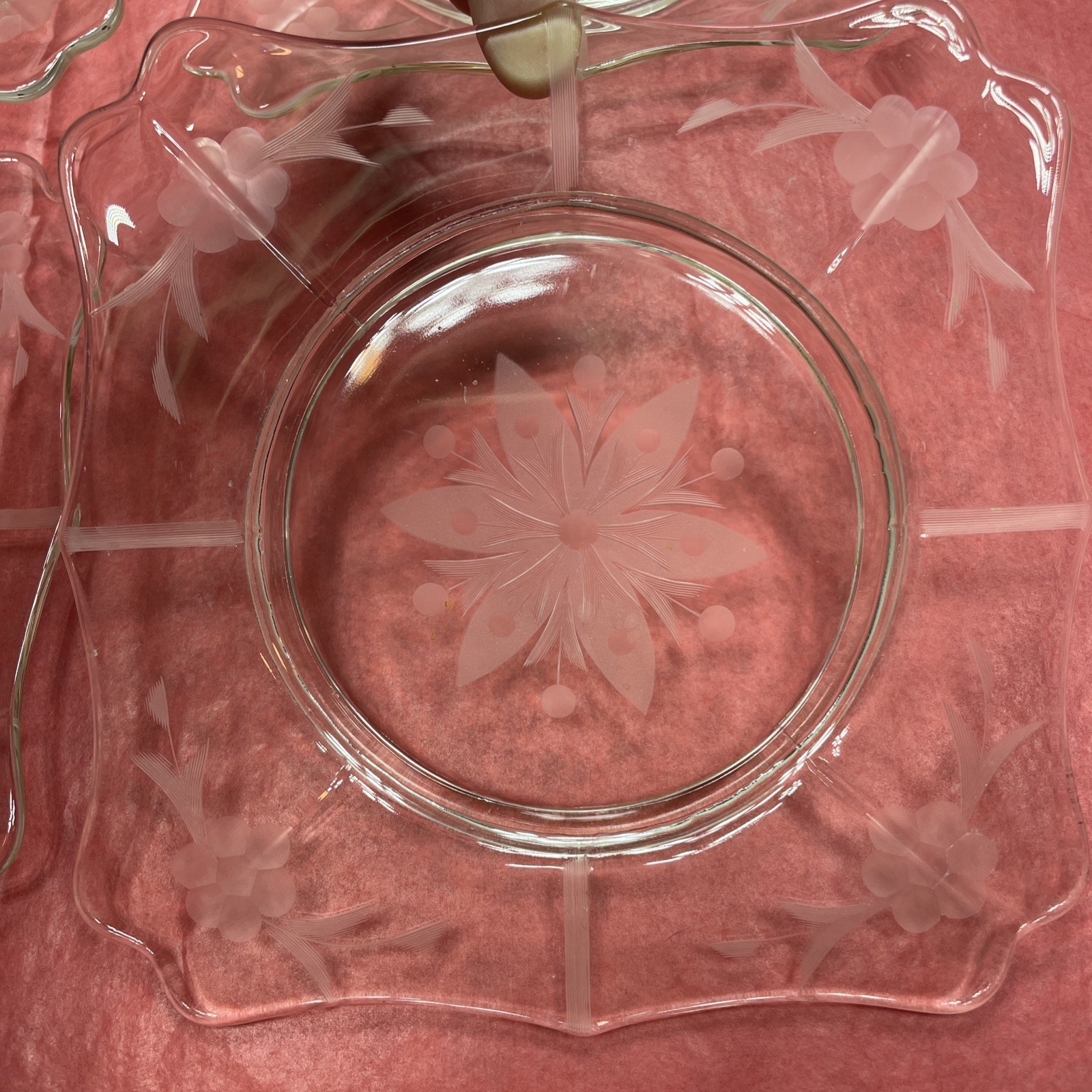 4pc Antique 1920s-1930s Etched Depression Glass Flower Pattern 7.” Sq. Plate EUC