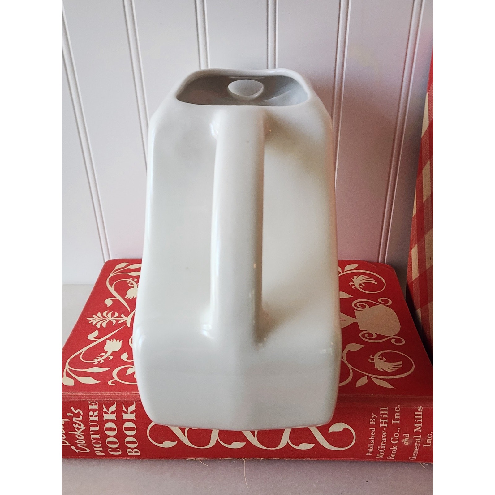 Vintage Wallace China Disc Pitcher, White with Red and Green Pinstripes