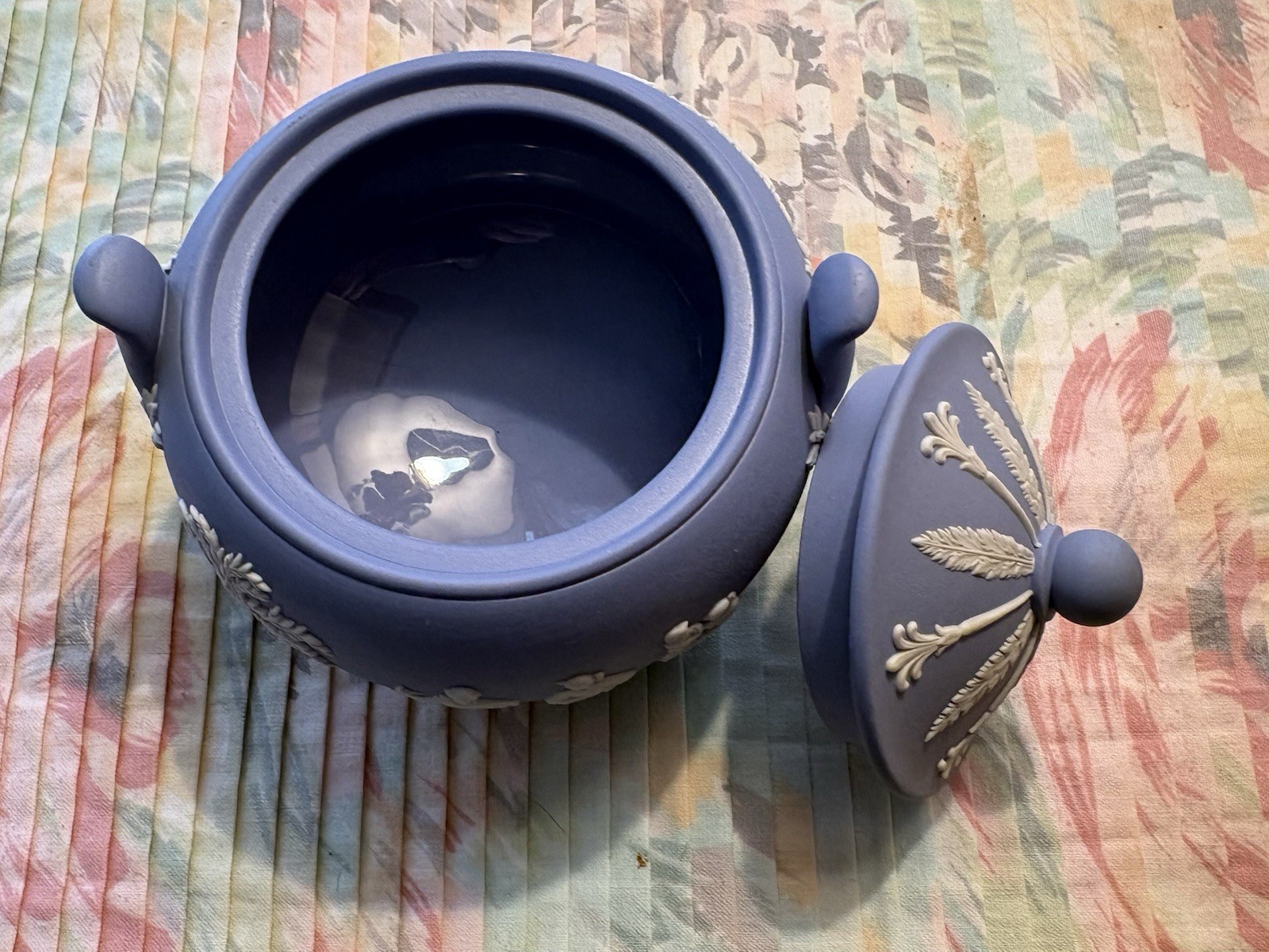 Wedgwood Blue Jasperware Covered Sugar Bowl Neoclassical Relief EUC Vintage Lid