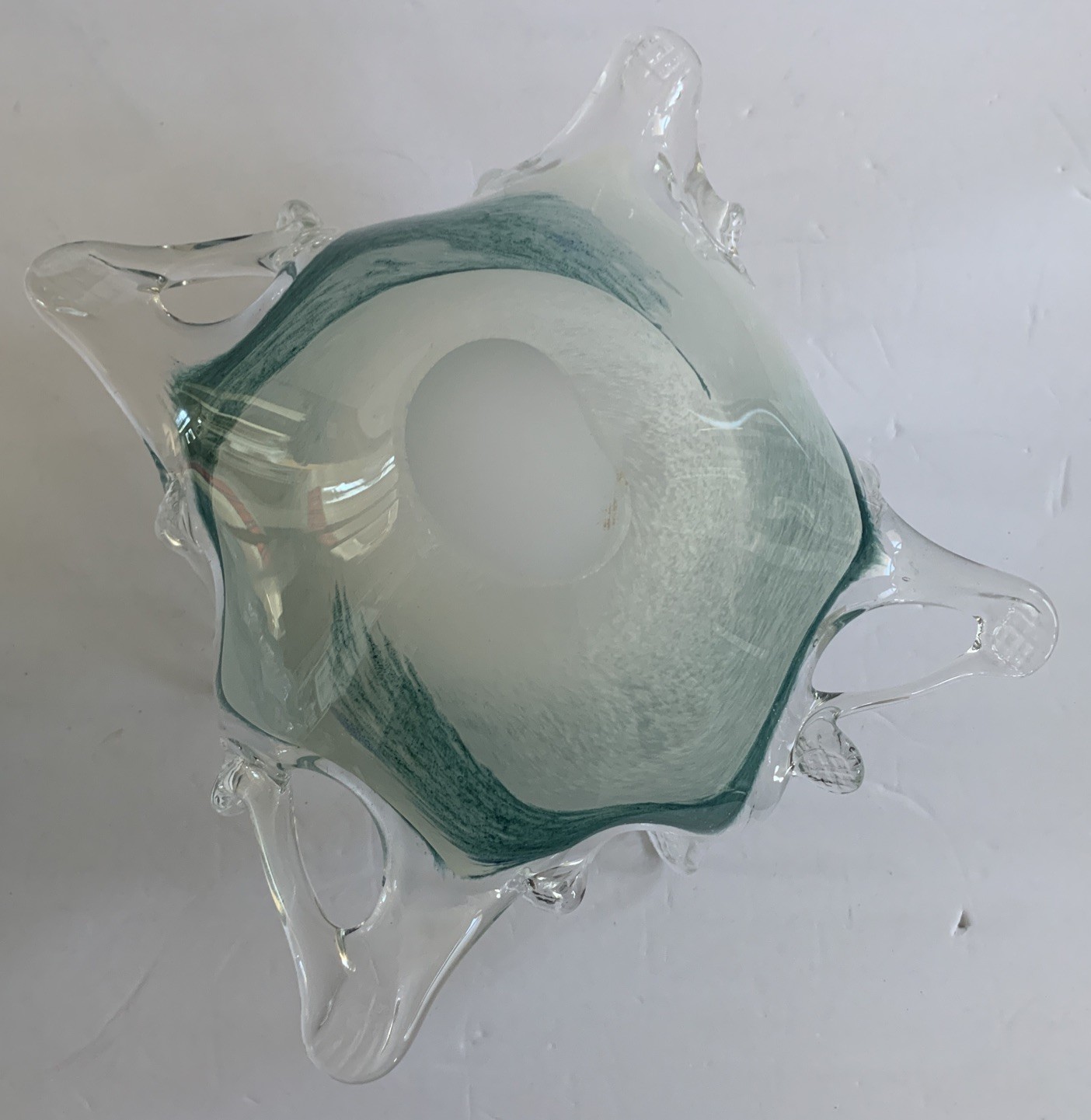 Murano Style Art Glass Mouth Blown Bowl Teal Aqua Blue White Exquisite All Tags