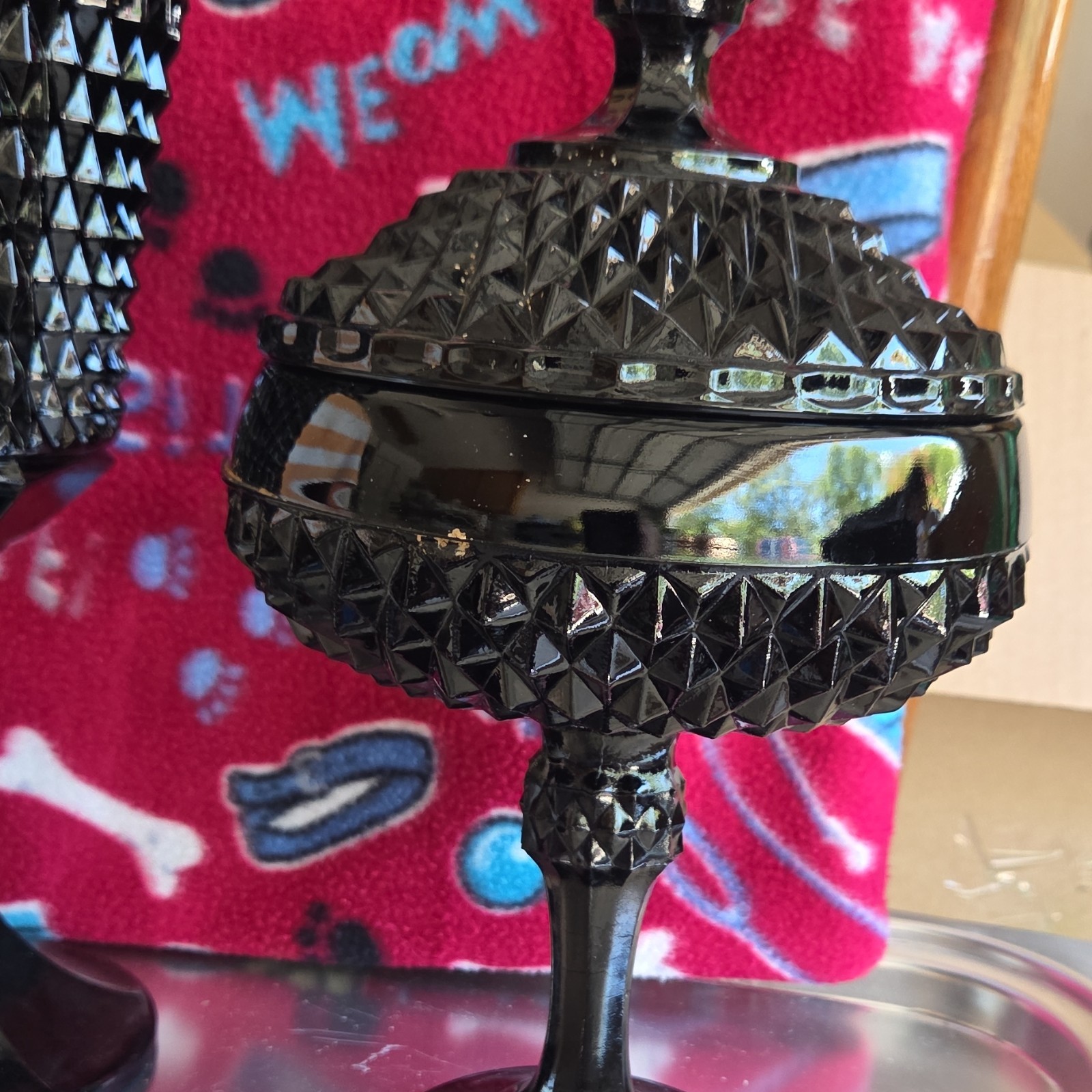 INDIANA GLASS TIARA DIAMOND POINT CANDY DISH IN BLACK