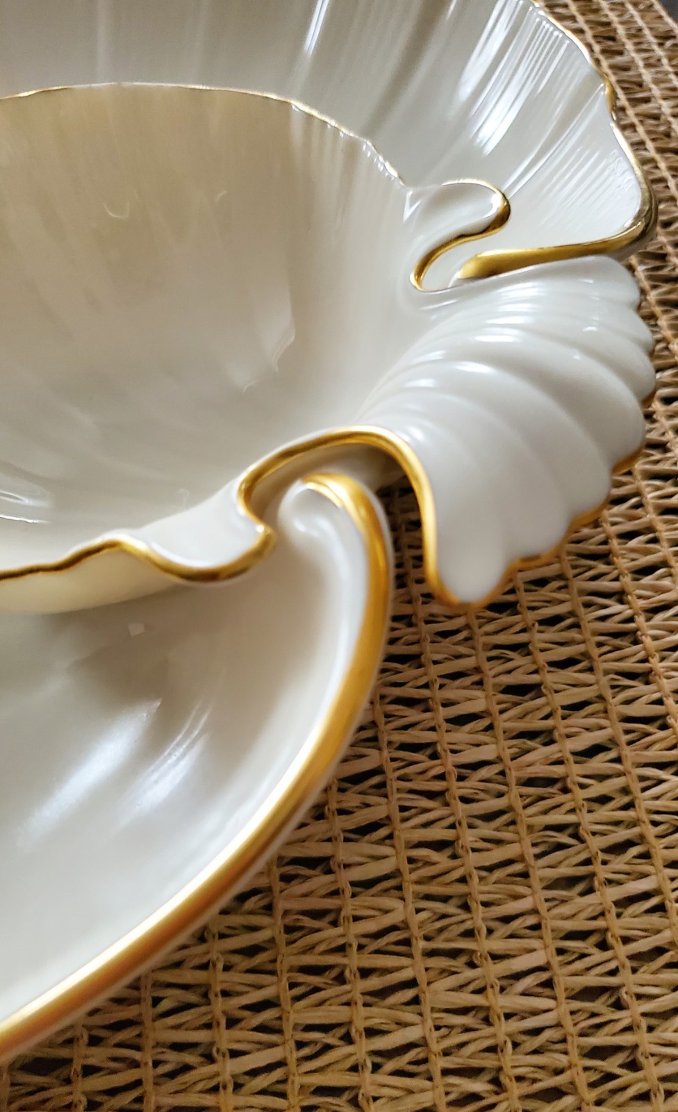 Vintage Lenox Aegean Double Shell Chip Dip Shrimp Serving Dish 24K Gold USA 12″