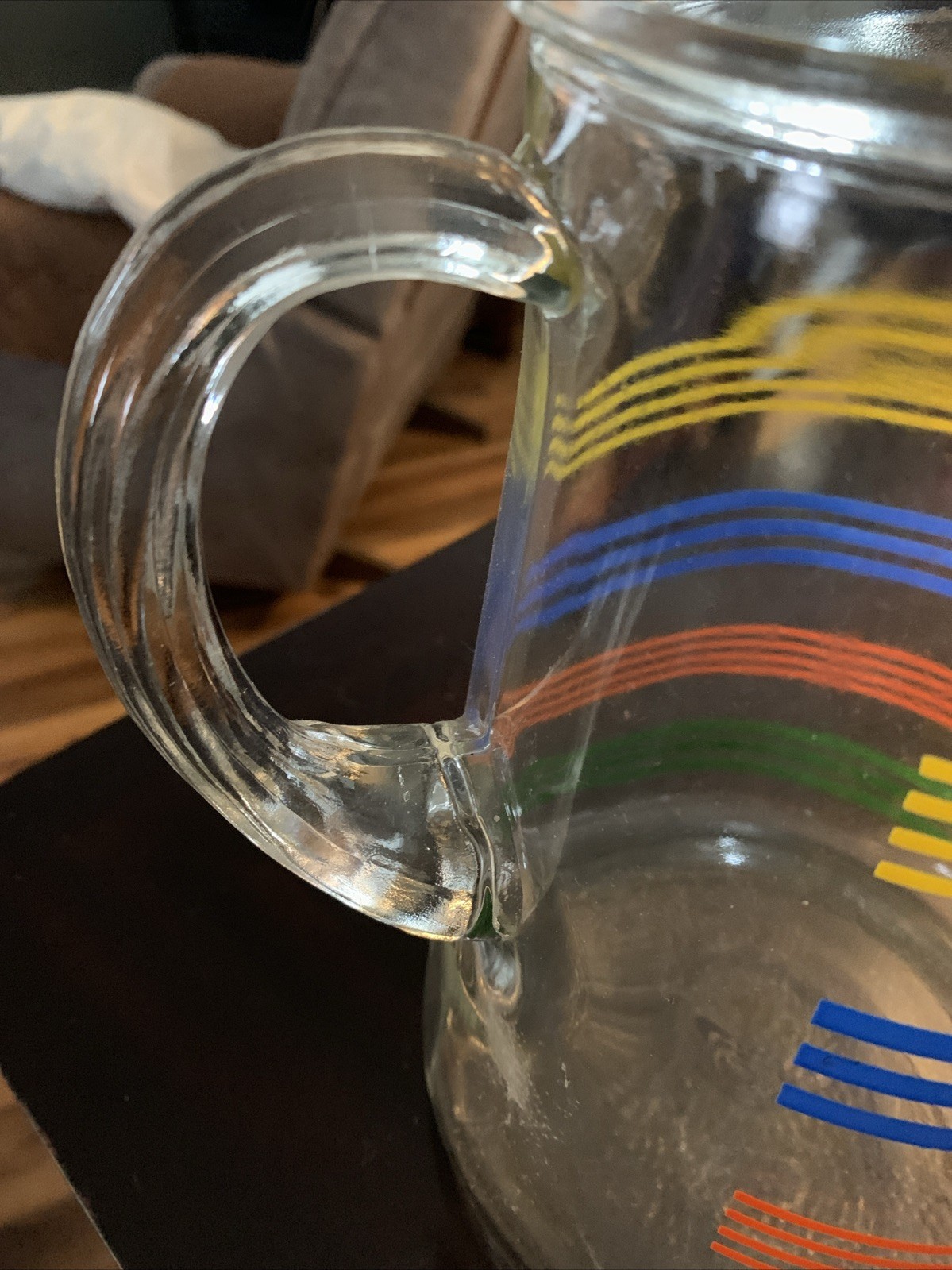 Vintage Anchor MCM Hocking Rainbow Stripe Fiesta GLASS PITCHER Primary Colors 9”