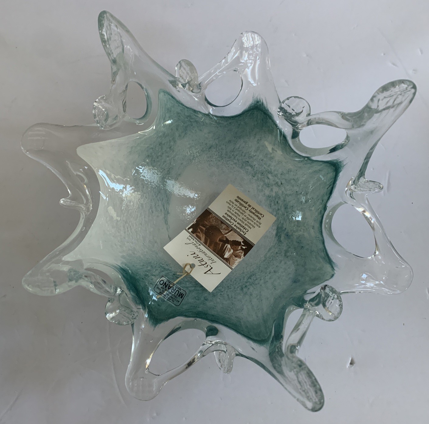 Murano Style Art Glass Mouth Blown Bowl Teal Aqua Blue White Exquisite All Tags