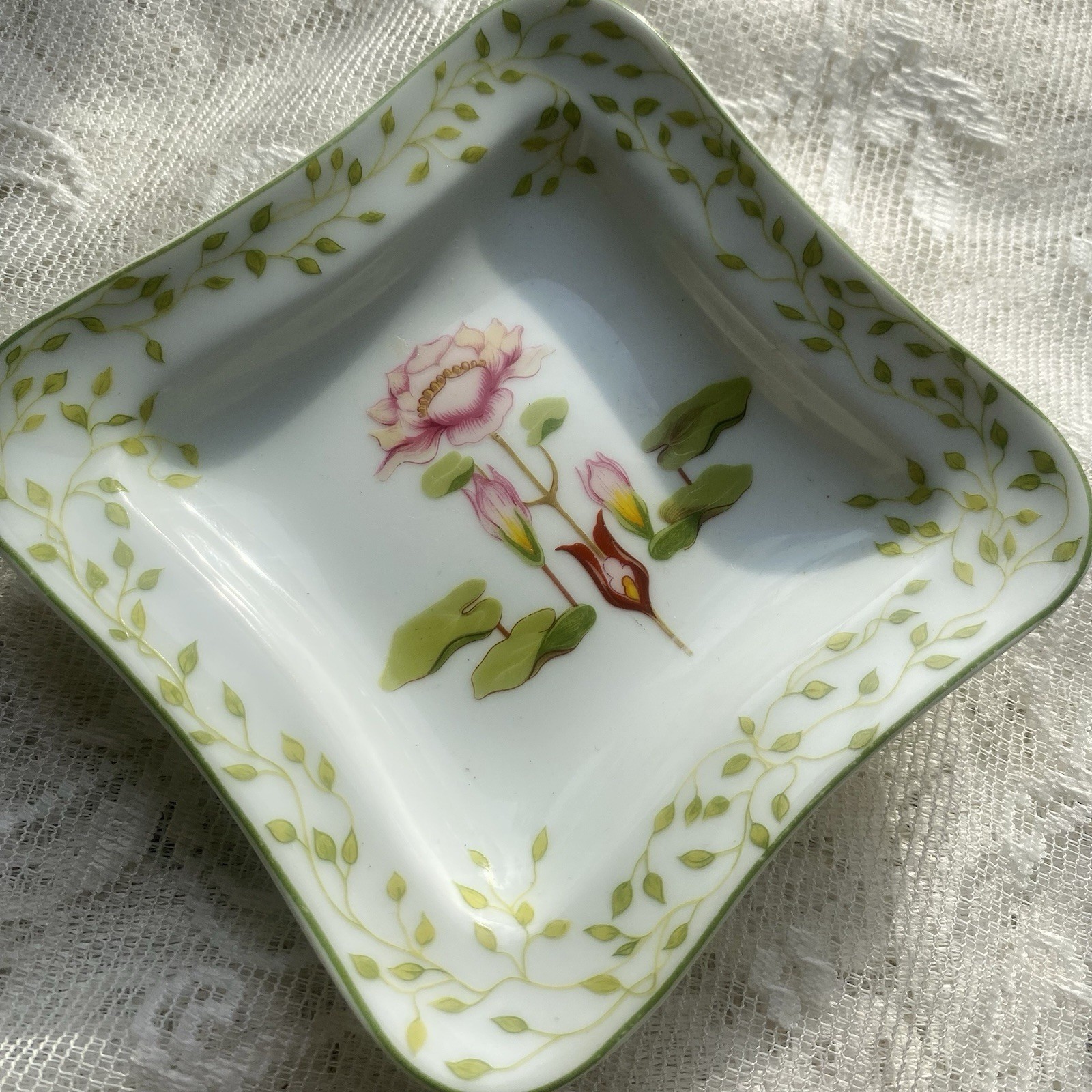 Raynaud & Cie Limoges France Floral Square Porcelain Dish 5 in Green Pink