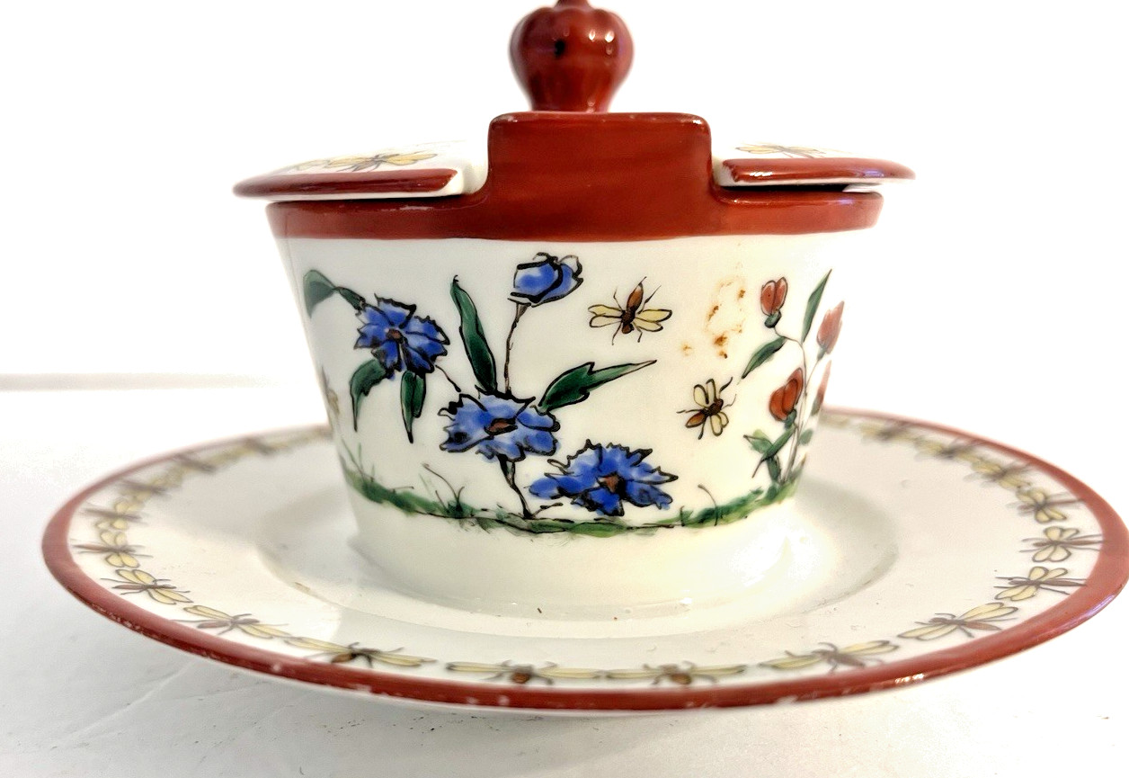 B & C Bernardaud & Cie Limoges Condiment Covered Bowl Plate Attached Floral Bee