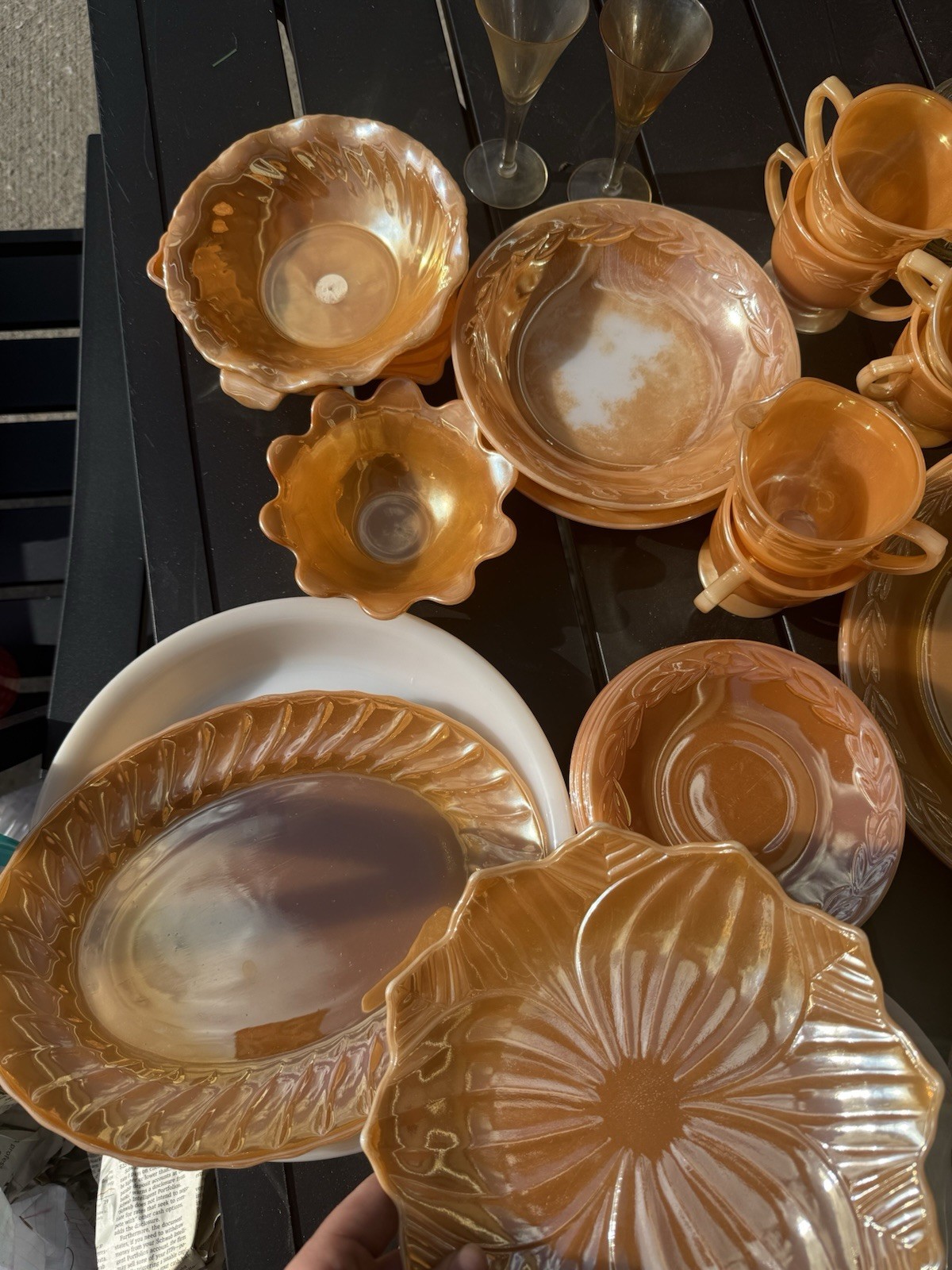 Marigold Carnival Glass Leaf Dinner Set Iridescent Cups Saucers Plates Bowls