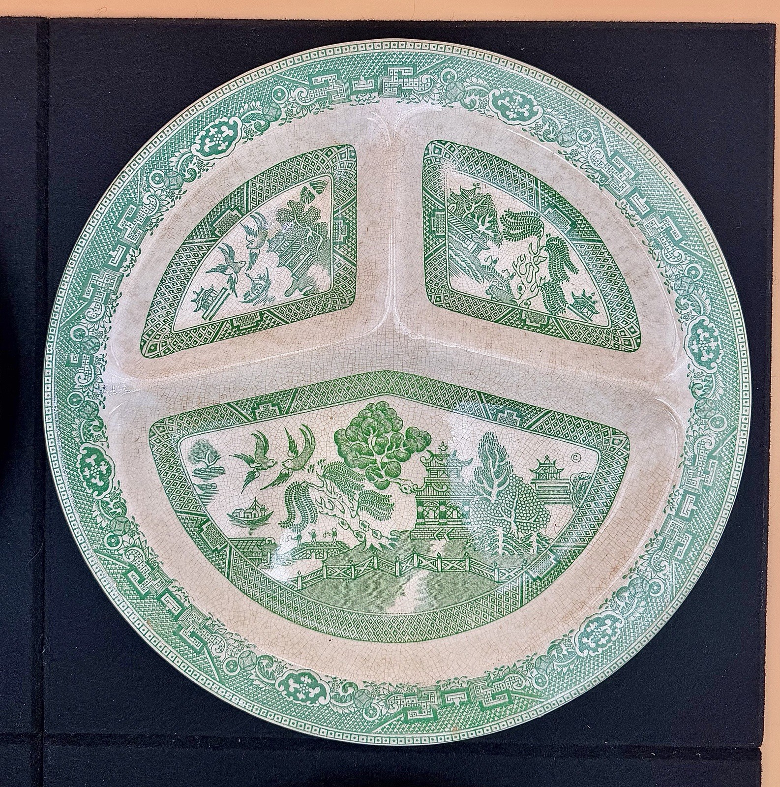 Vintage Romarco Ware Green Willow Divided Grill Plate 1950’s England (4 Pcs)