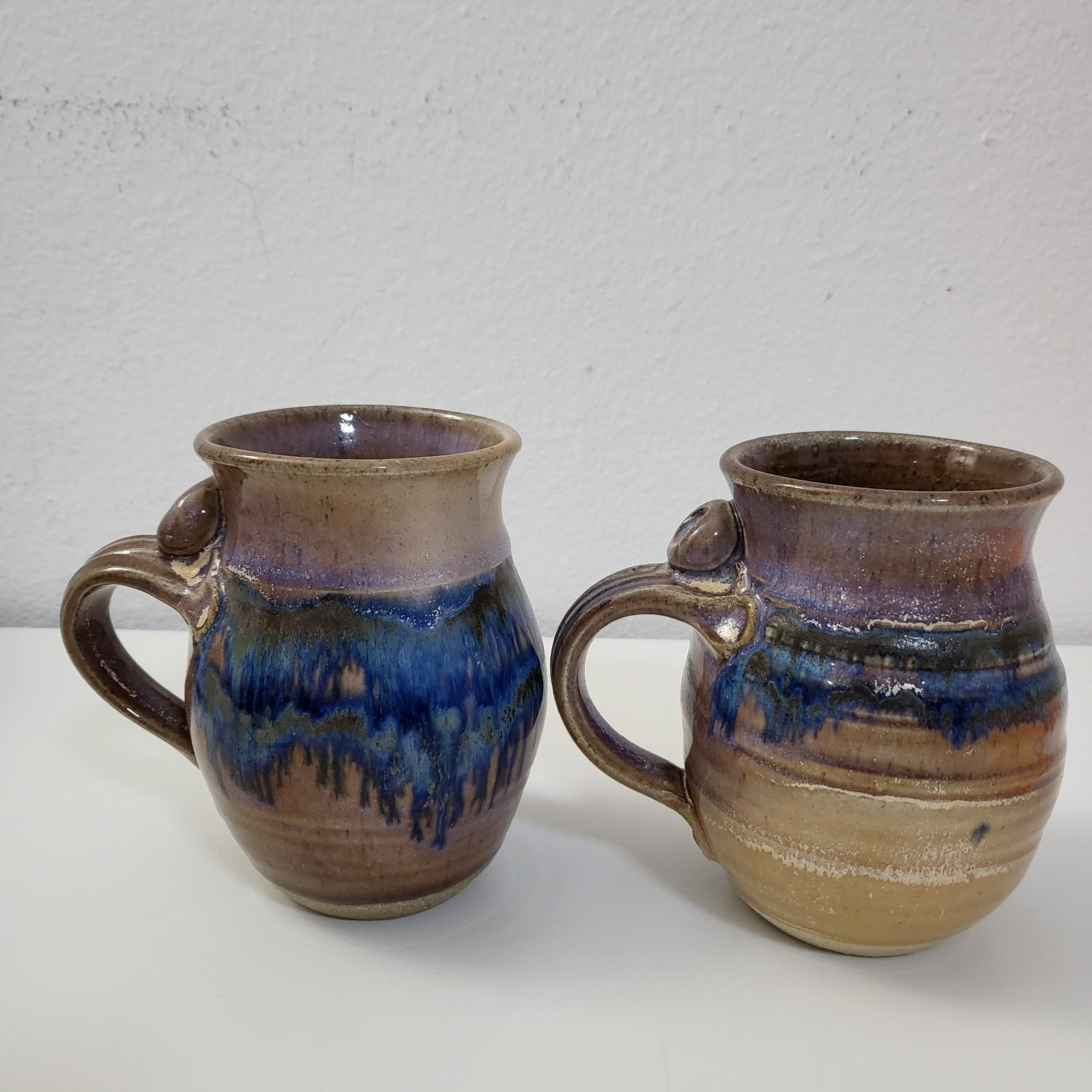 Set Of 2 Handcrafted Drip Glaze Studio Art Pottery Coffee Mugs Brown Blue Signed