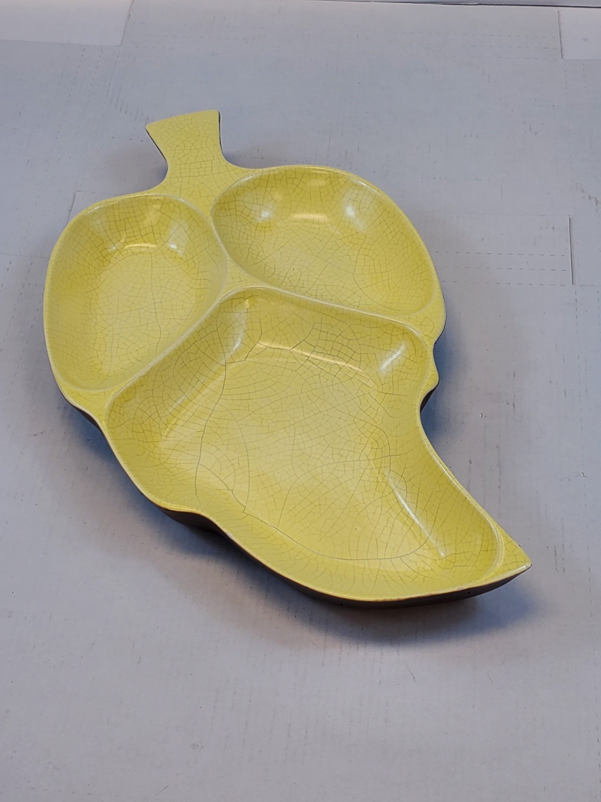 Vintage Ceramic Pottery Oblong Leaf Shaped Yellow Brown Serving Handmade Dish