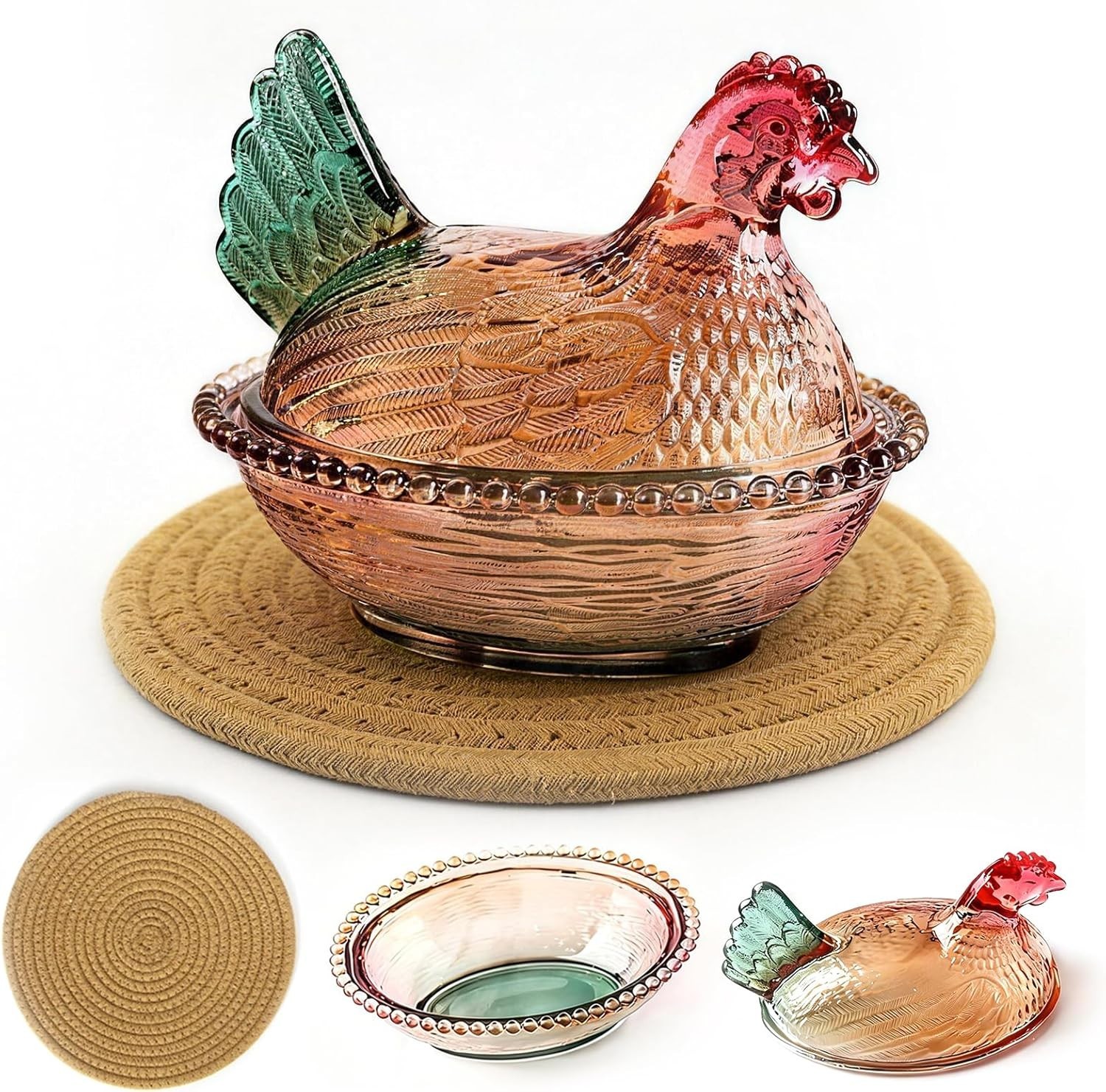 Glass Hen on Nest Candy Dish with Lid Pedestal Bowl Decor