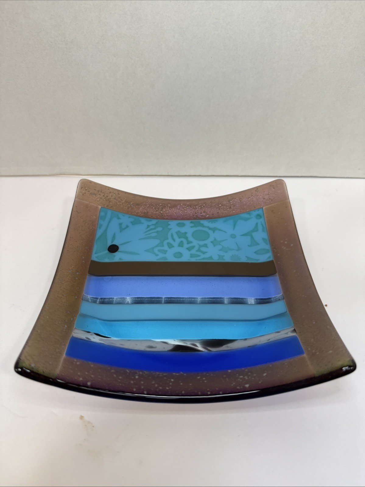 Fused Dichroic Studio Art Glass Square Trinket Dish Contemporary Signed 6.5”