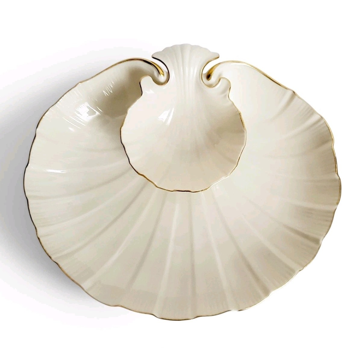Vintage Lenox Aegean Double Shell Chip Dip Shrimp Serving Dish 24K Gold USA 12″