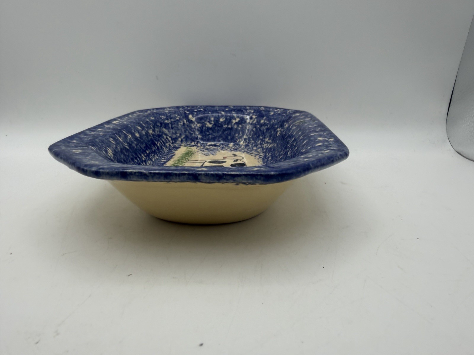 Molly Dallas Blue Spongeware Cow Octagon Serving Bowl Folk Art Pottery Signed