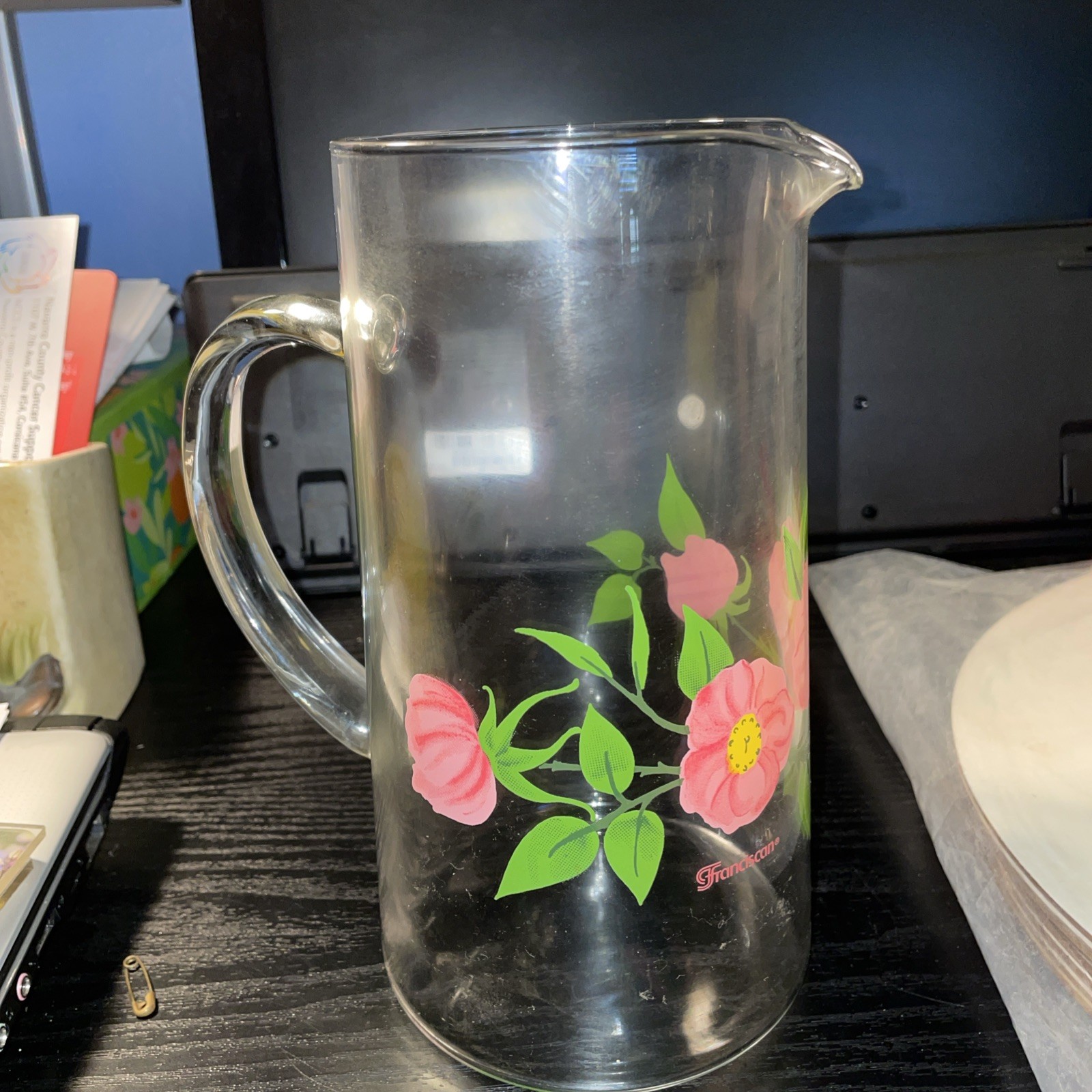Vintage Franciscan Desert Rose Clear Glass Pink Flower 7.75 in Cocktail Pitcher