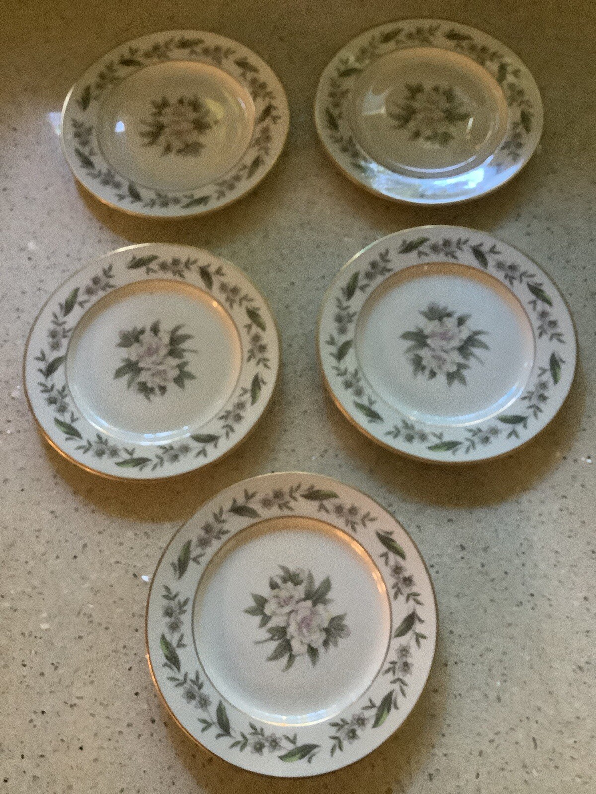 Set Of 5 Royal Jackson Fine China 6” GARDENIA”Bread/ Dessert Plates, Gold Trim