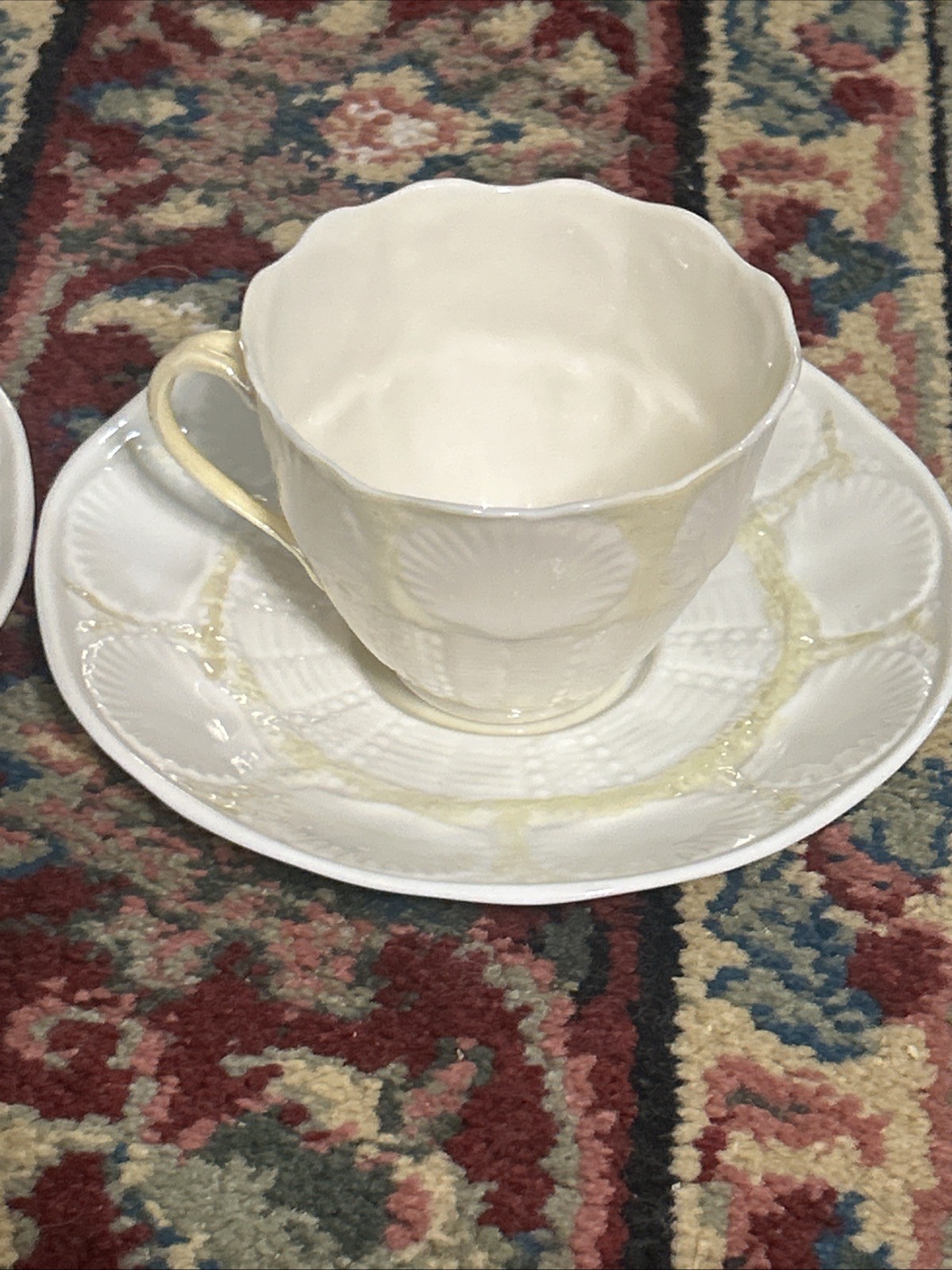 Belleek ~ Ireland ~ “Shell” Pattern Yellow Lustre Cup & Saucer ~ 6th Mark ~ Mint