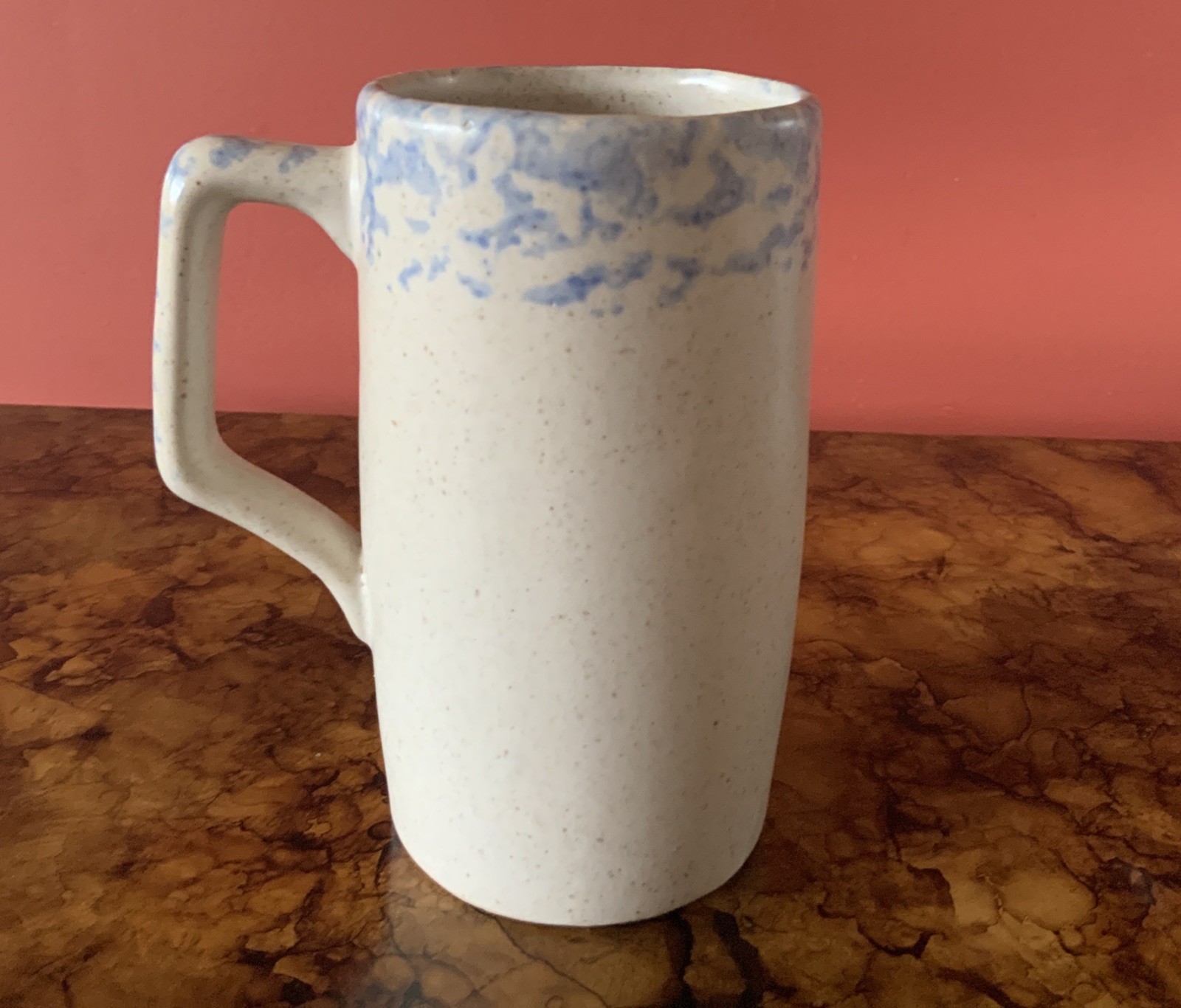 Roseville Handmade Pottery Tall Mug Cream And Blue 5 1/2 Inches