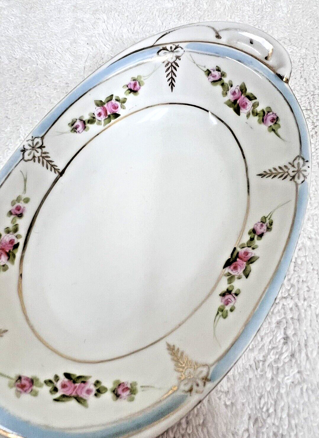 Antique Nippon Hand Painted Pink Rose Garland Oval Bowl Tab Handles Gold Details