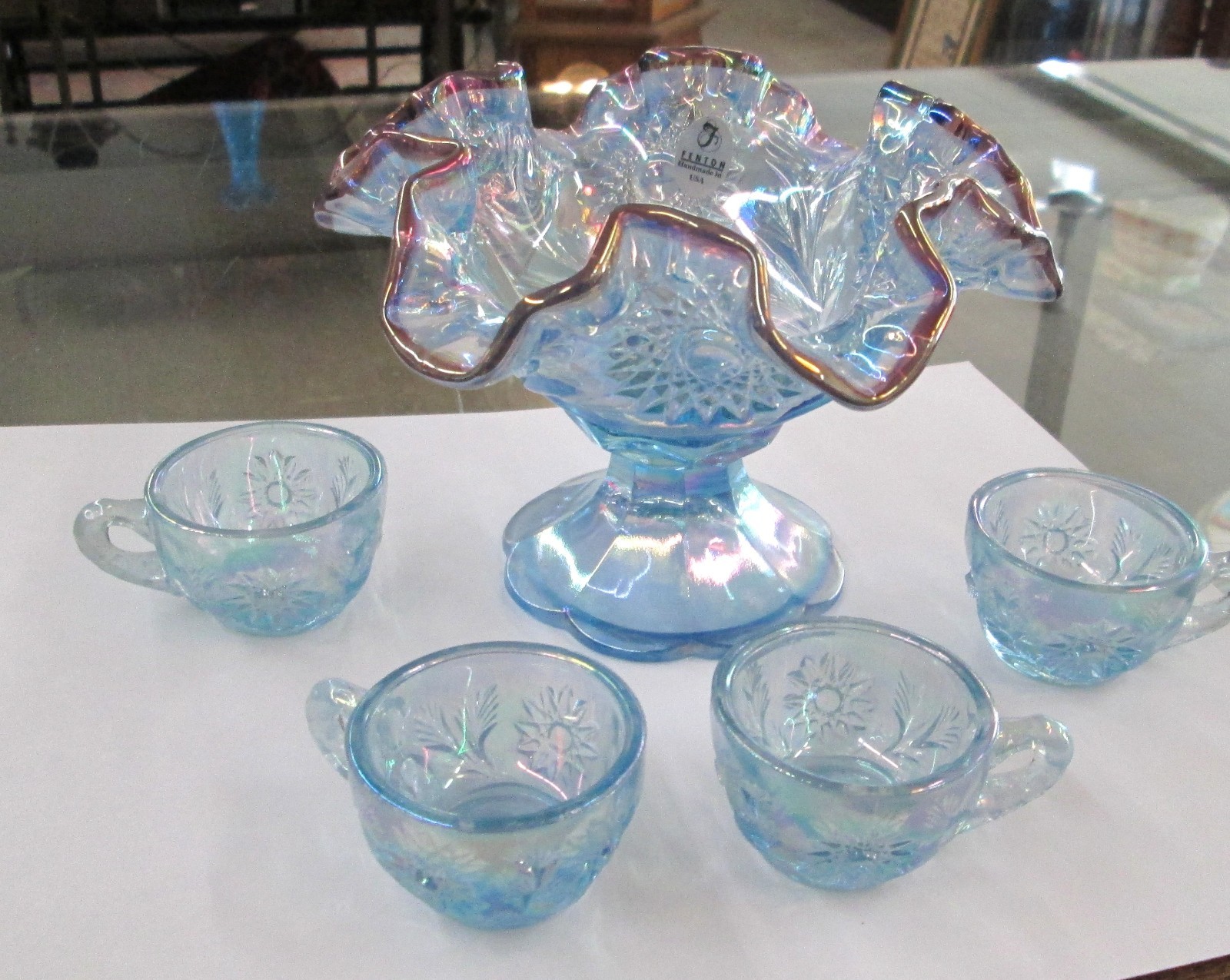 Fenton Miniature Punch Bowl Blue Carnival Plum Crest & Cups