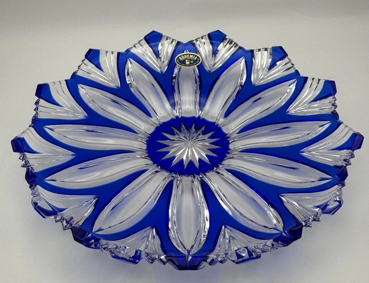 Bohemia Czech Cobalt Blue Cut to Clear Crystal Plate Charger Starburst
