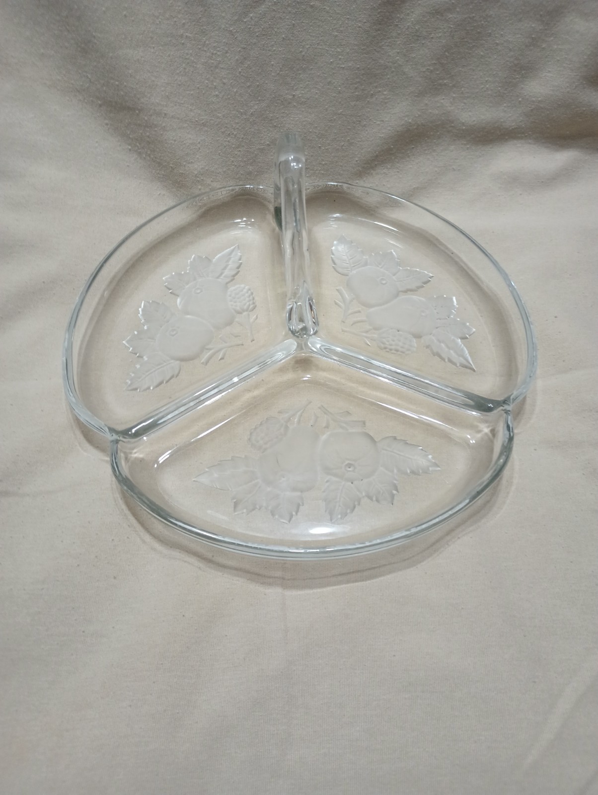 Imperial Glass 3 Section Glass Tray With Handle And Frosted Fruit And Leaves