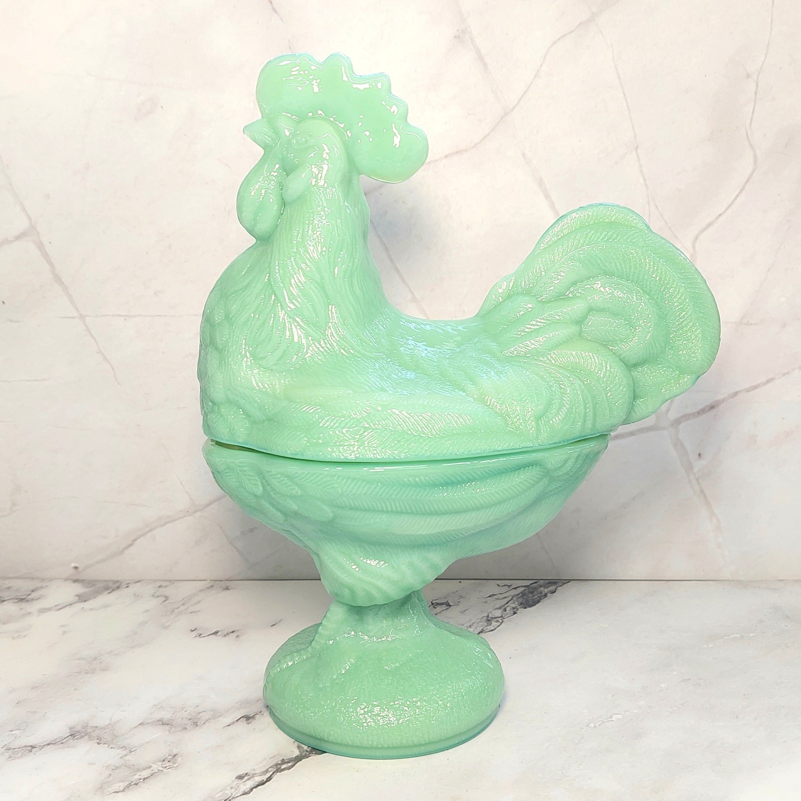 Green Jadeite Depression Style Glass Rooster Chicken Candy Dish, Hen on Nest