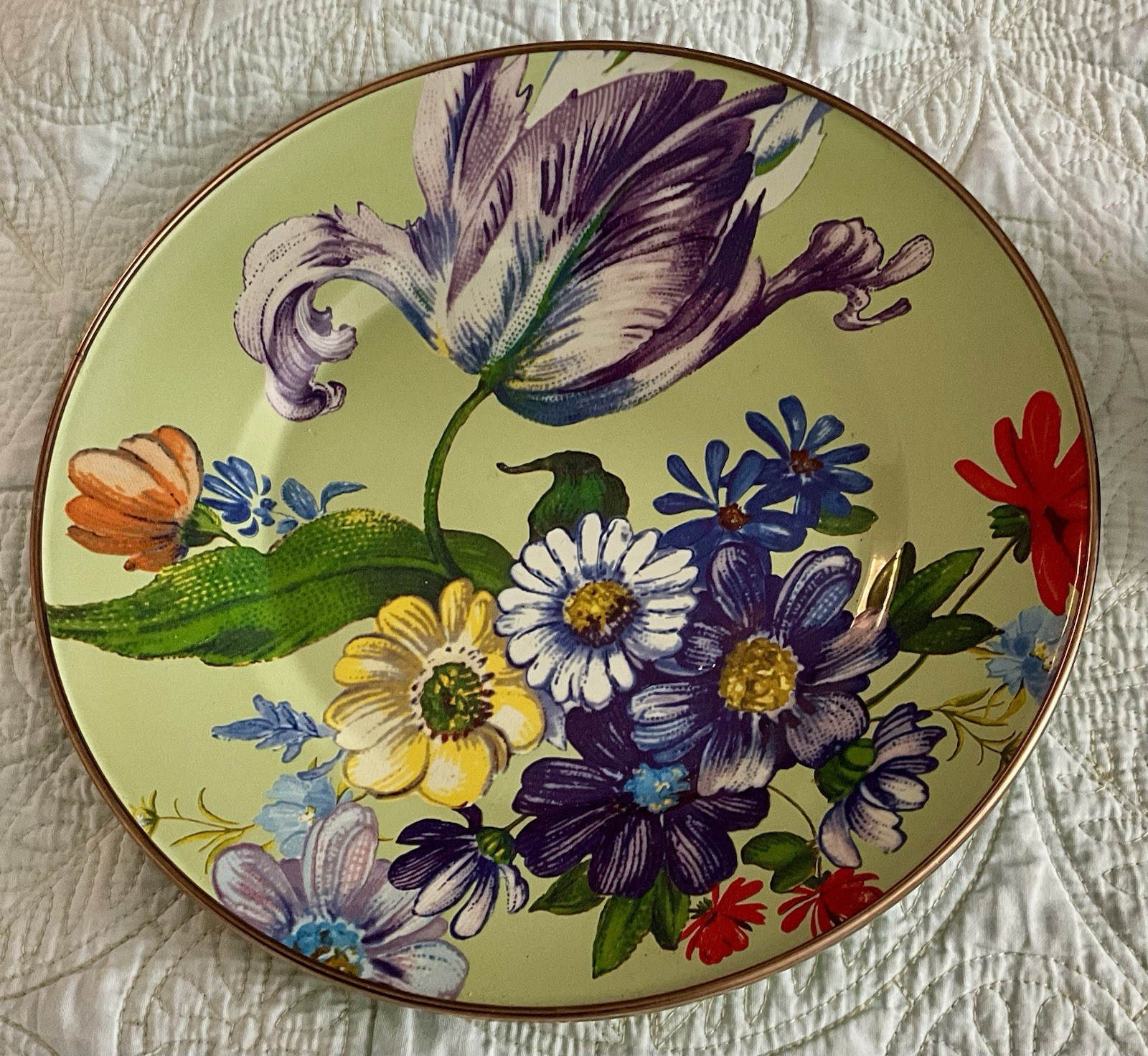 Retired McKenzie Childs Enamel Flower Market Plate, Green 10” #1