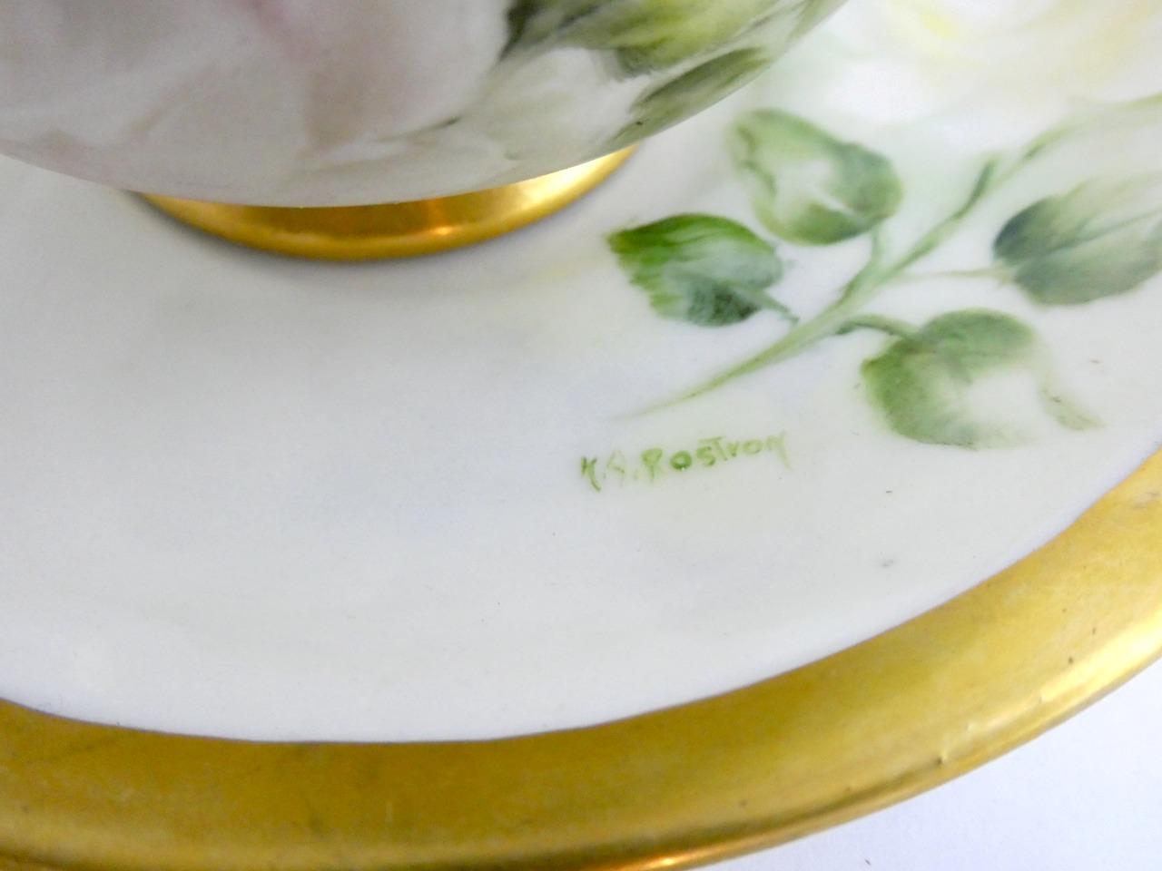 1970s Hand Painted Floral Porcelain 5 Pc Place Setting White Roses Signed VGOOD