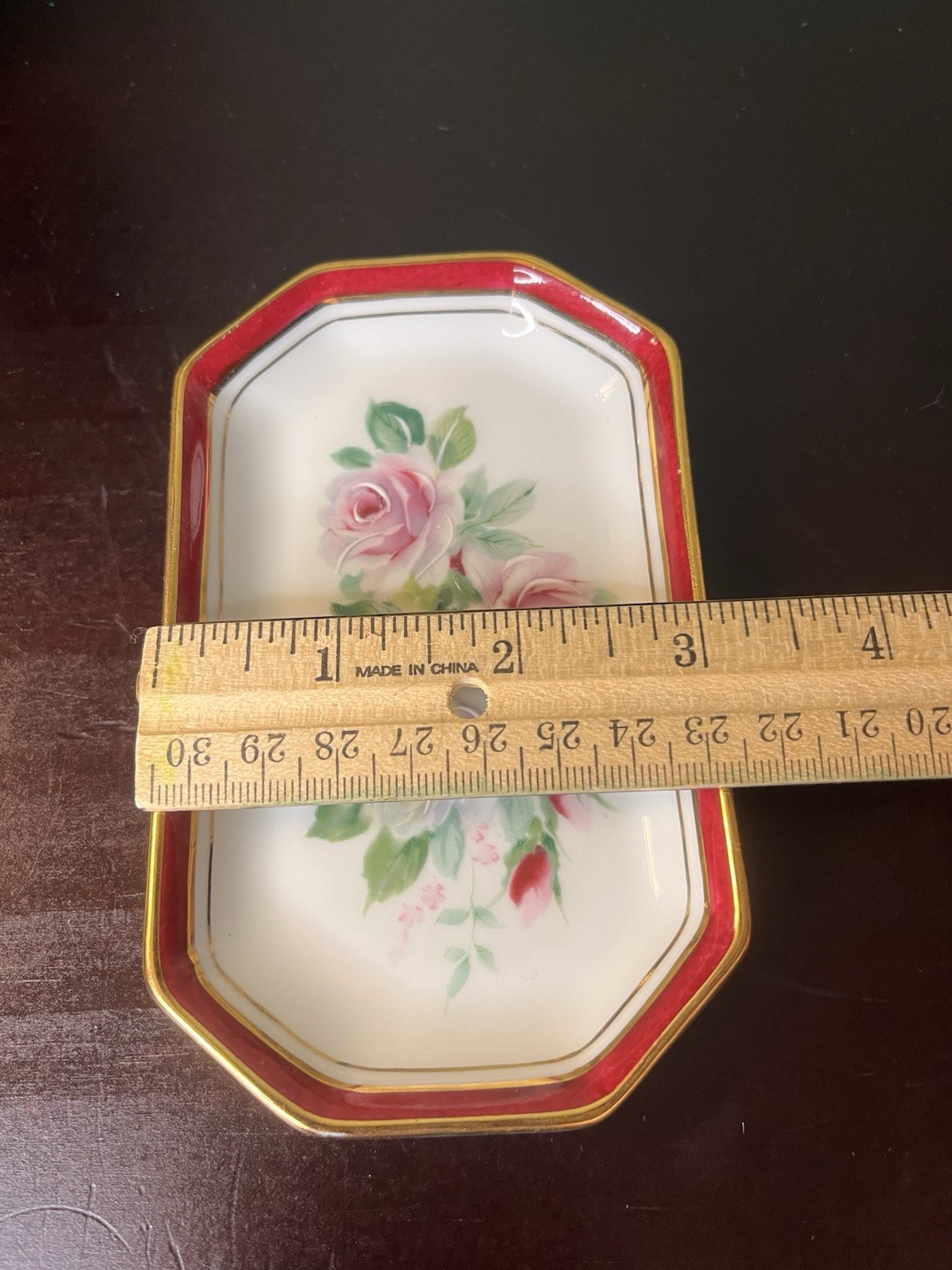 La Reine Limoges France Porcelain Vanity Tray Dish Hand Painted Roses Gold Trim