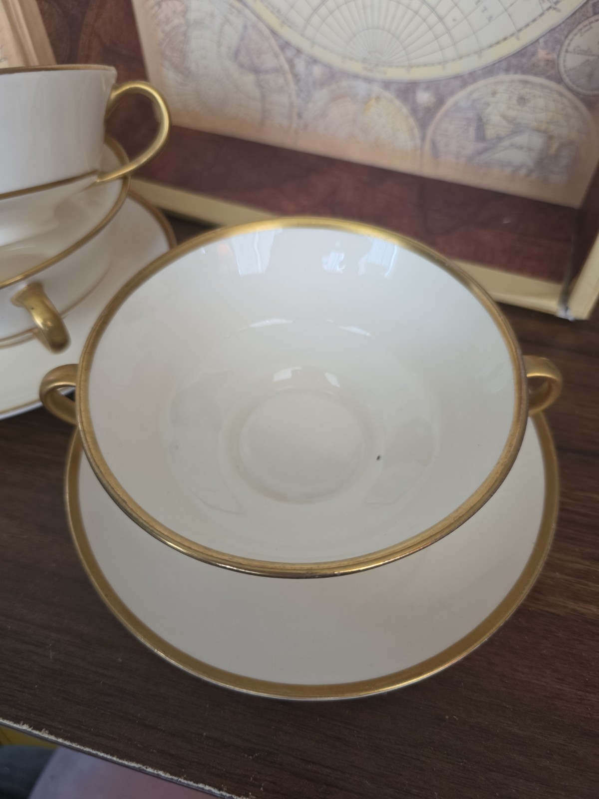 Vintage Gold and cream 4) Cream Soup Bowls, 5 in (4) Cream Soup Saucers, 6in
