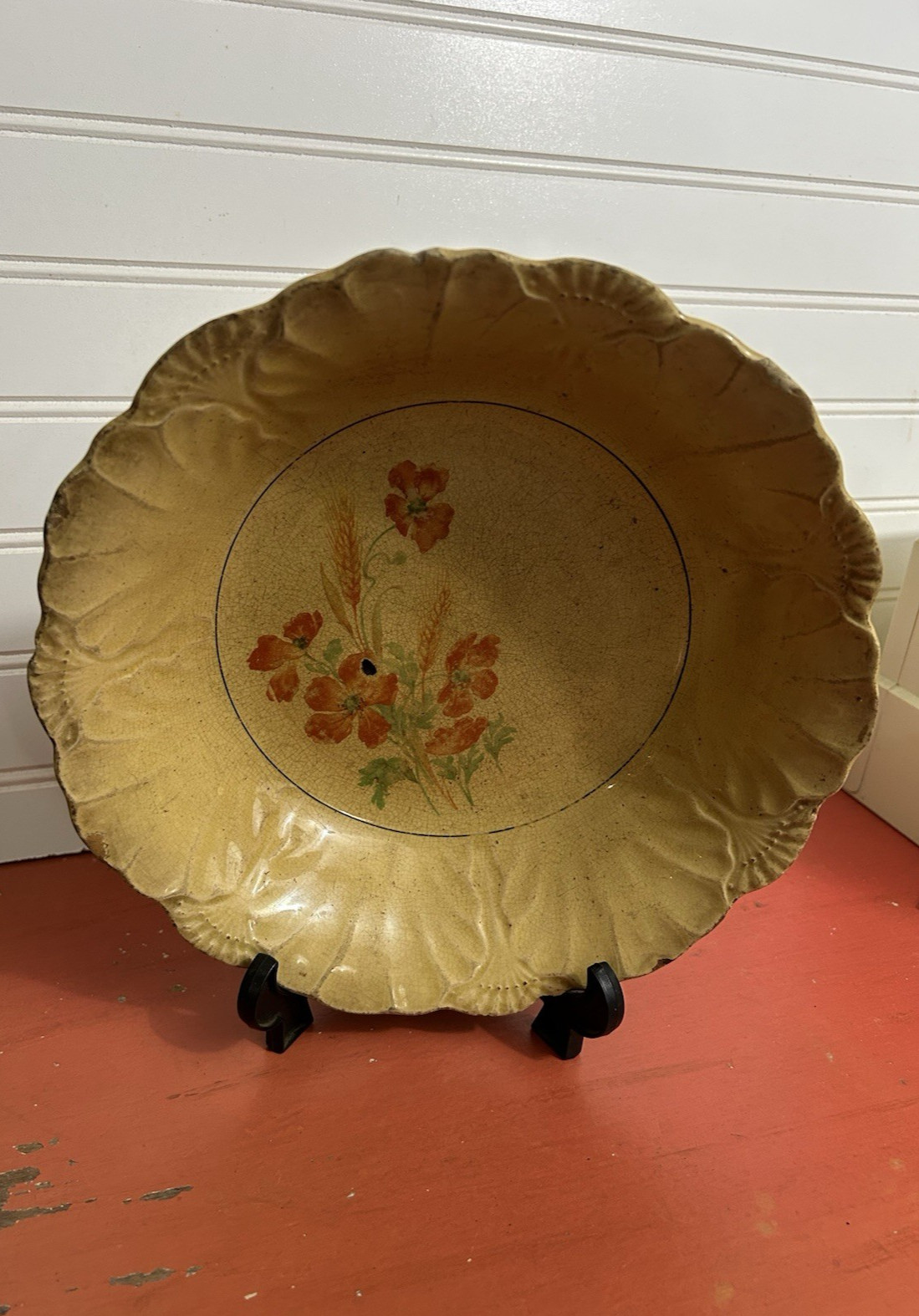 Antique Vintage Serving BOWL Heavily Stained & Crazed Toasty Floral Queen Wheat