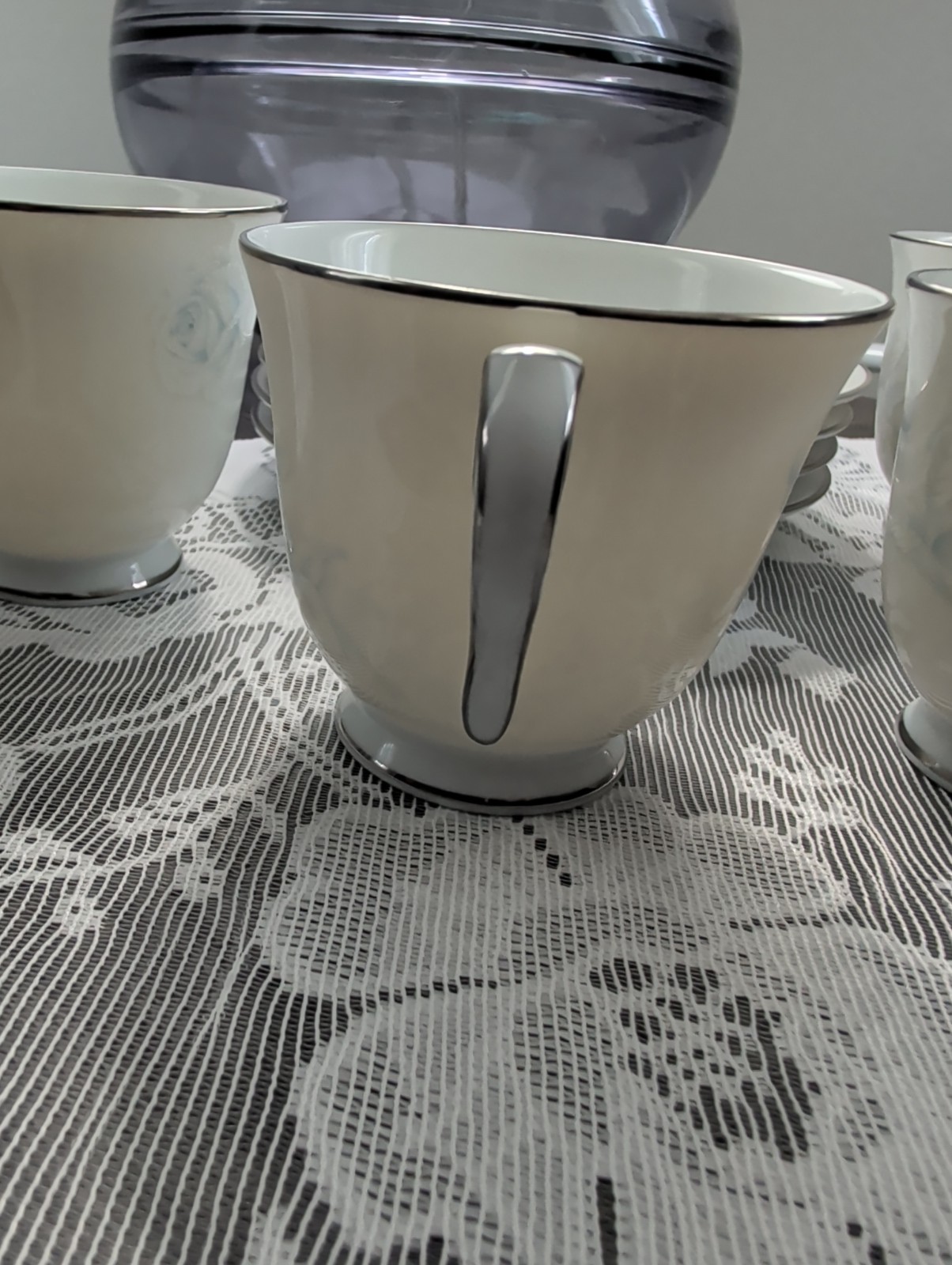 Noritake Virtue Tea Cup and Saucer Platinum Trim White & Blue Japan 2934 Vintage