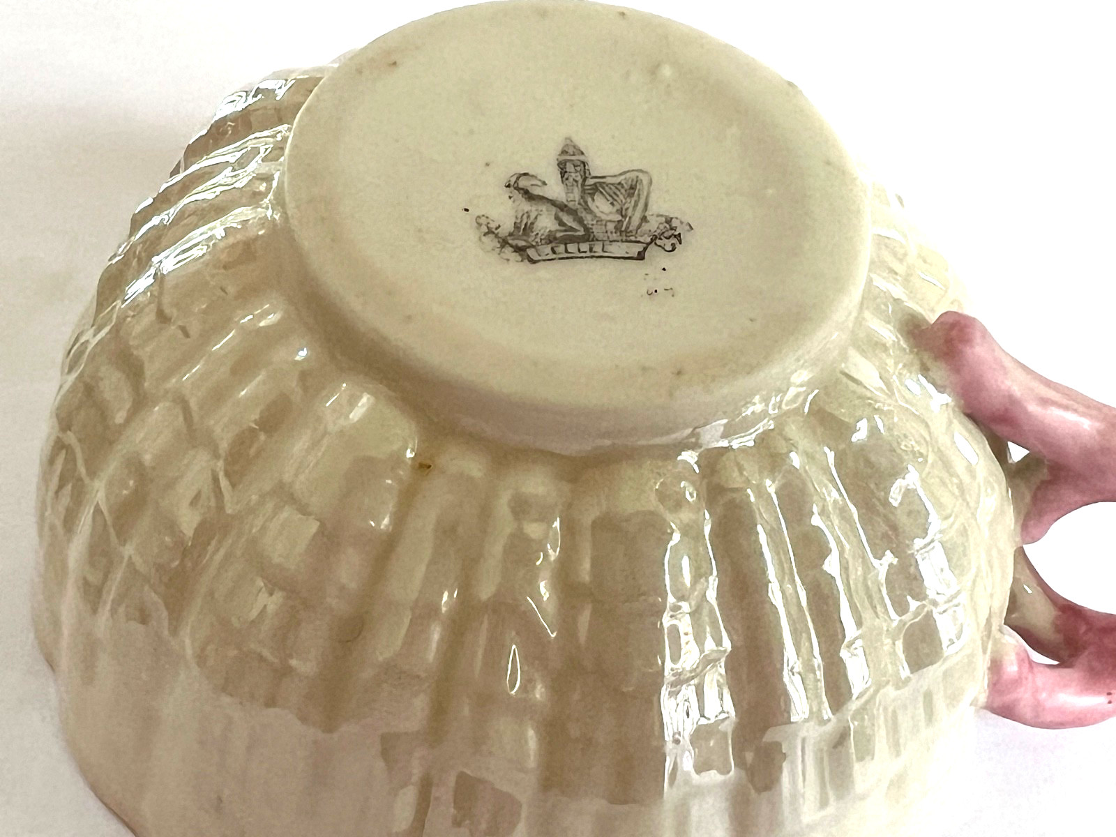 TRIO of IRISH BELLEEK Pink TRIDACNA Cup & Saucer & 7 1/2″ Plate – 1st Black Mark