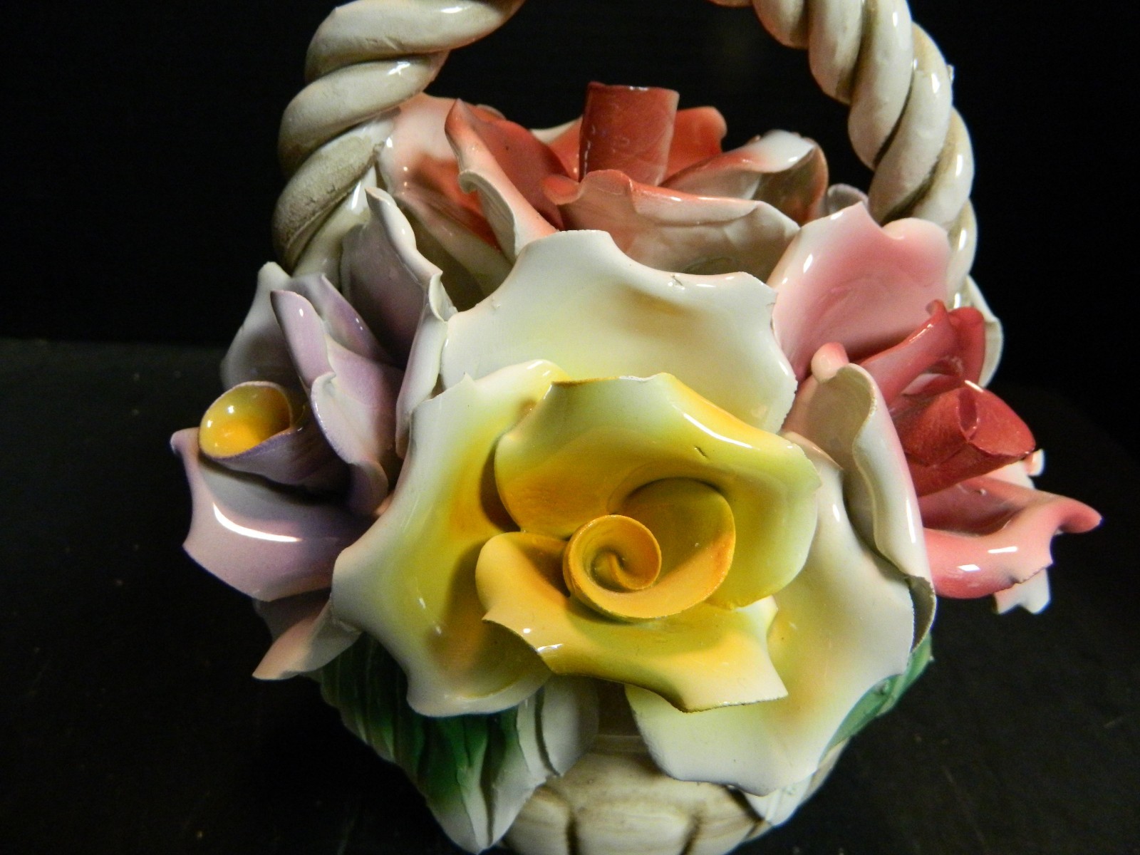 Vintage Large N Capodimonte Footed Roses Basket 9″ x 6.75″ x 7″ Excellent Cond