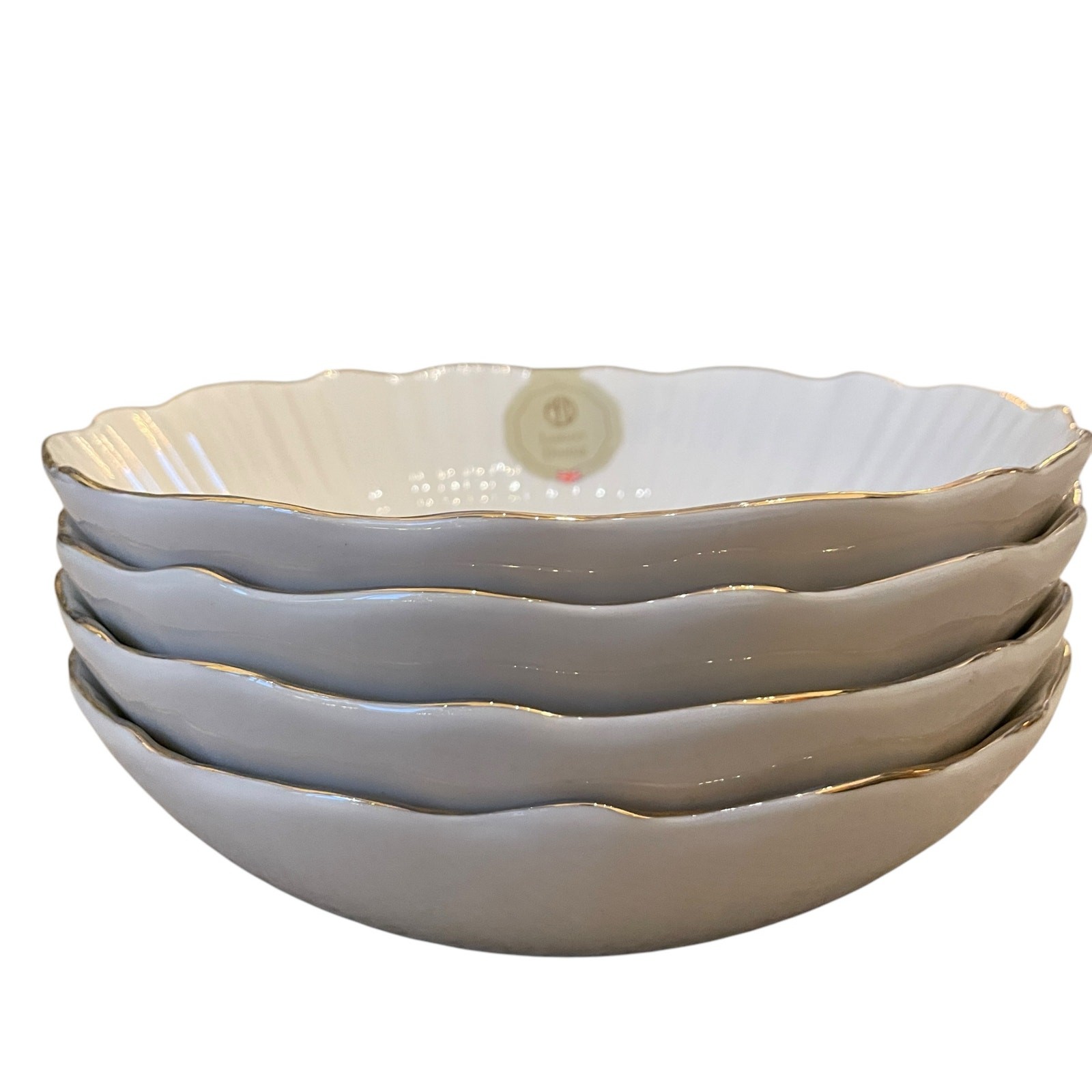 Eaton Fine Dining Porcelain 8.5in Pasta Bowl Set of 4 Aubrey White Gold Trim New