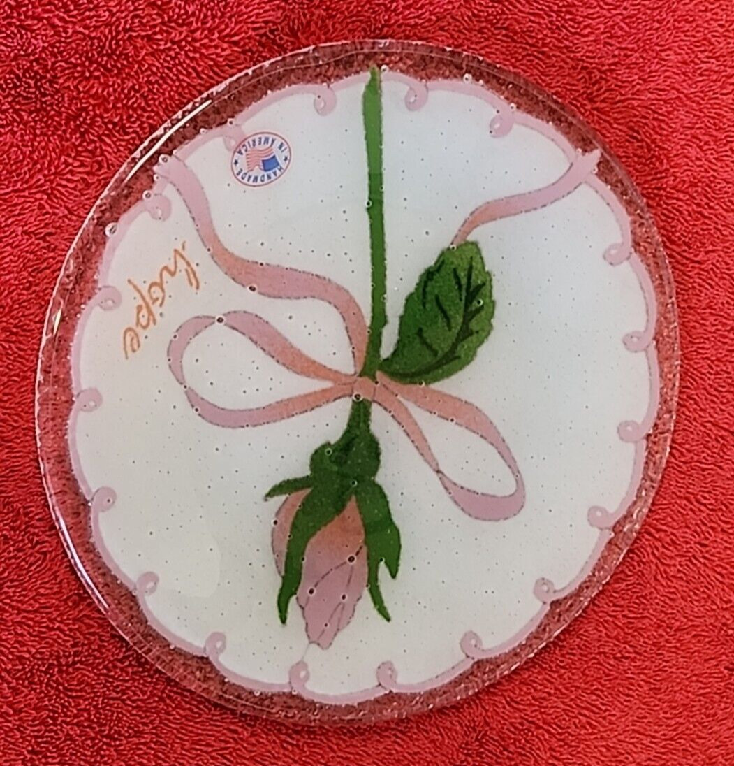 Peggy Karr 8″ Breast Cancer Hope Round Plate Fused Art glass Signed 2003