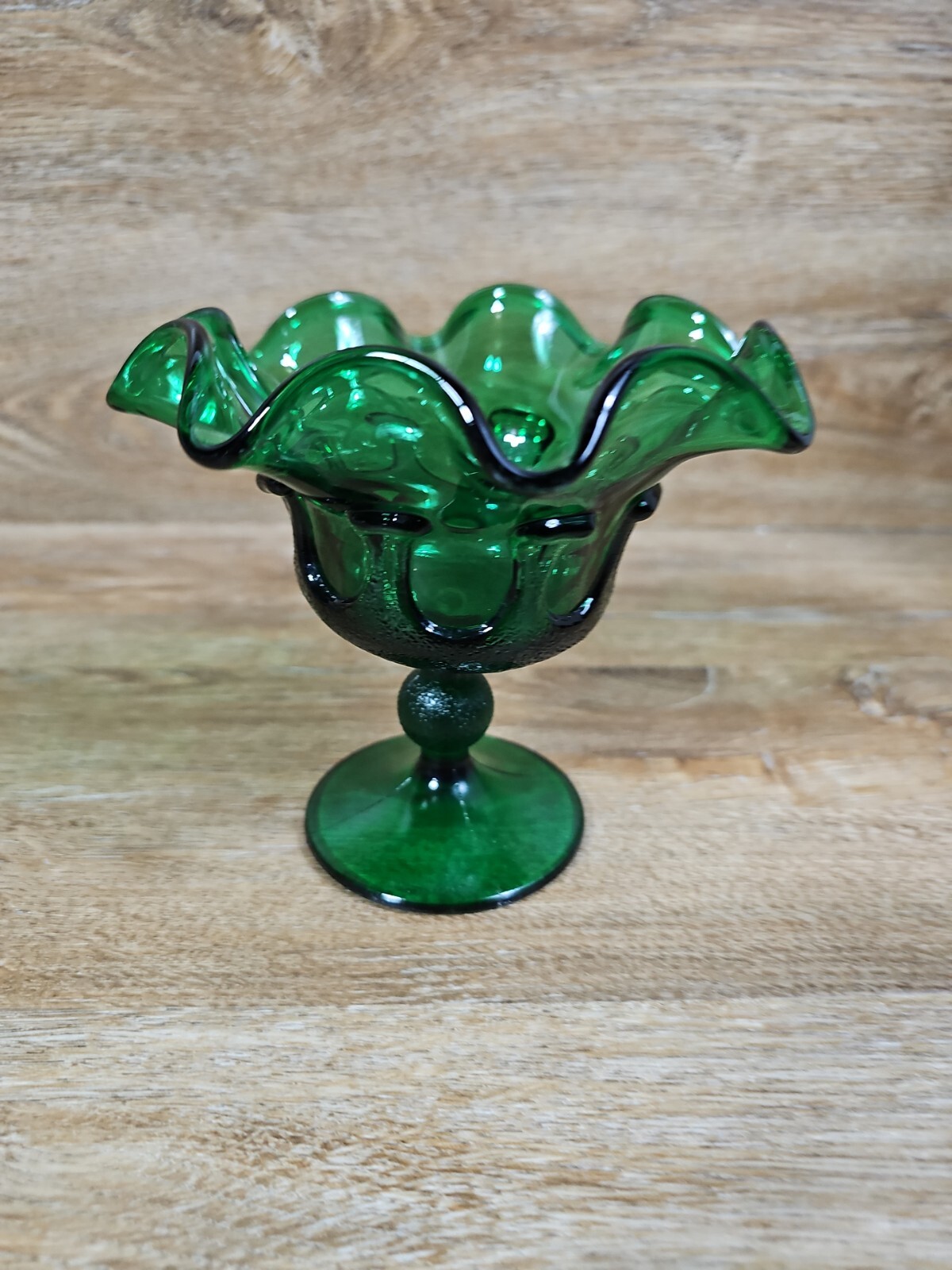 Viking Dark Green Glass Handkerchief Ruffle Top Candy Dish Compote Pedestal VTG