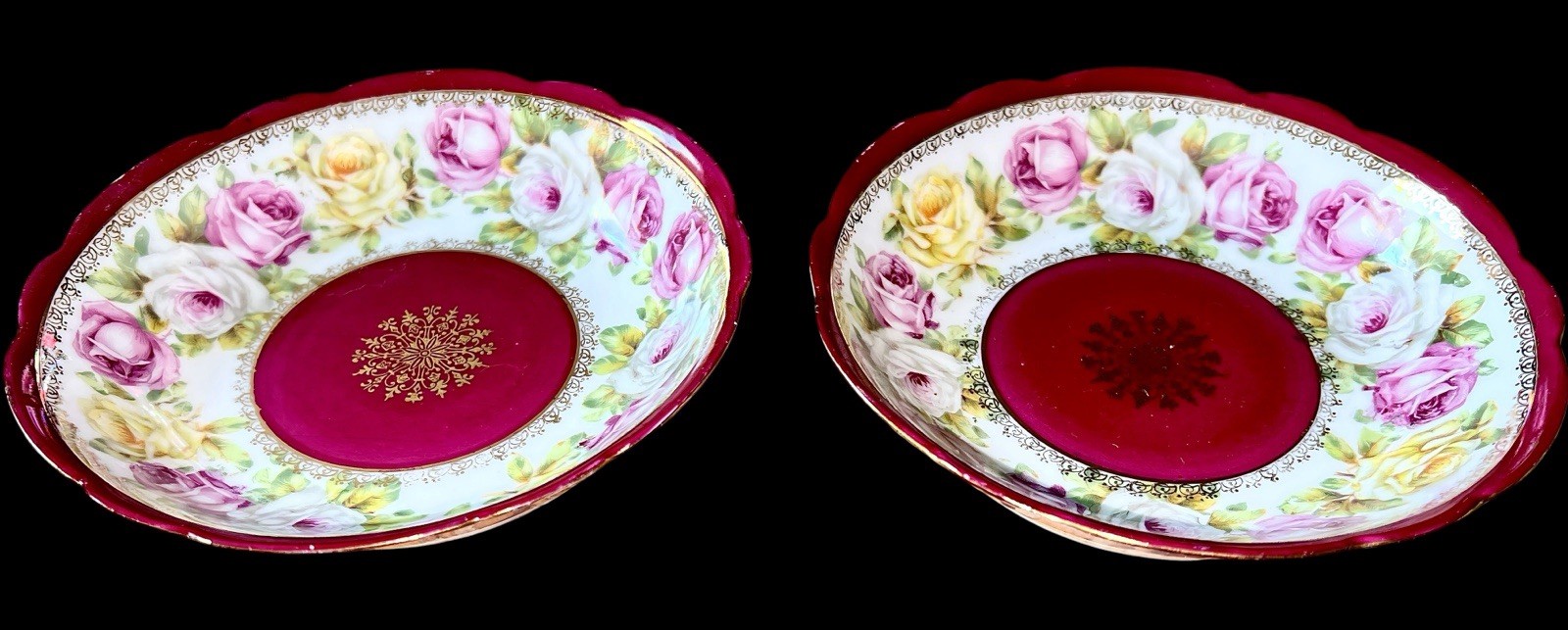 Victorian Imperial Crown China Austria Pair Fruit Bowls Gilded Scalloped Border