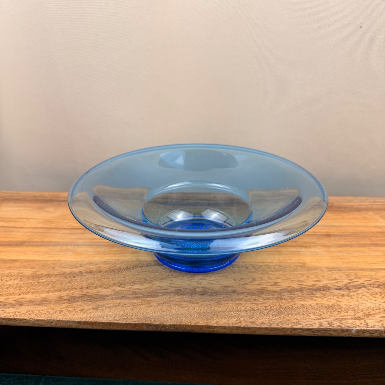 Vintage Blue Depression Glass Console Bowl Starburst Base UV Glow Manganese 9in