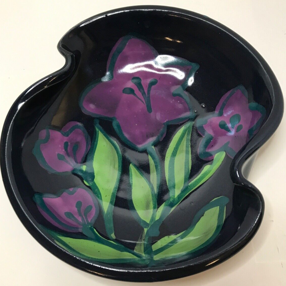Handmade ceramic decorative bowl with pinched sides hand painted 8.5 inches