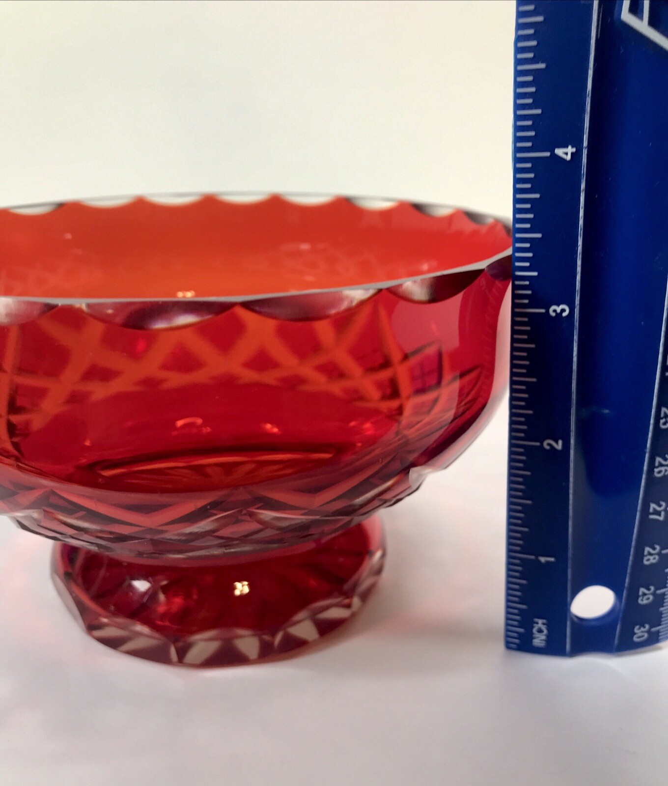 Ruby Red Cut To Clear Glass Footed Bowl Vase Decor 5.25 In Wide Vintage E25