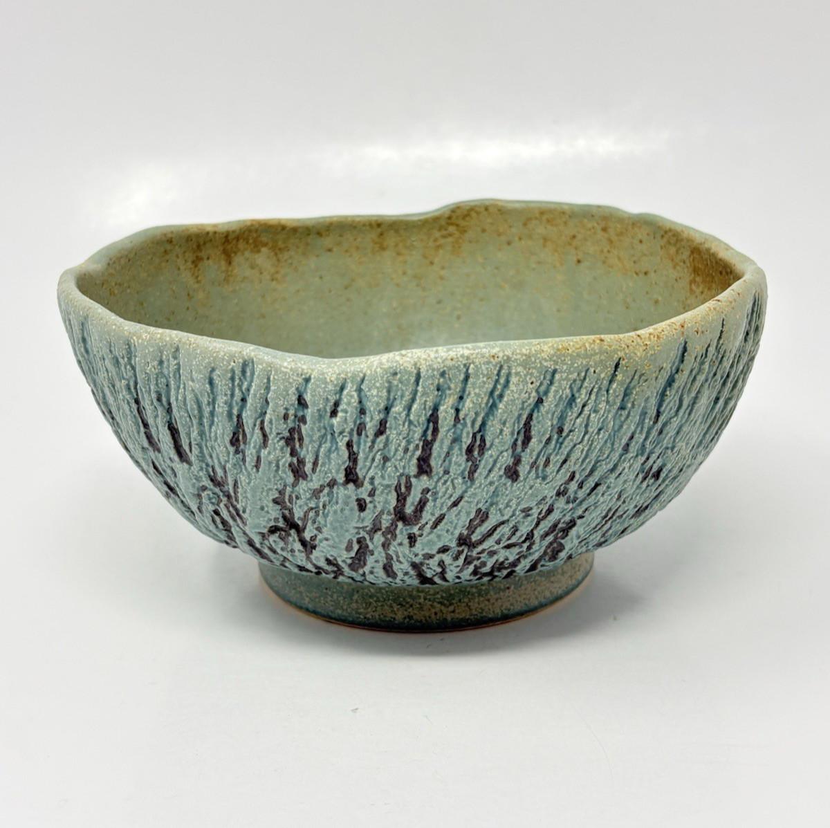 Studio Artisan Pottery Bowl Green Textured Tree Bark Matte Signed Marked 6.5″