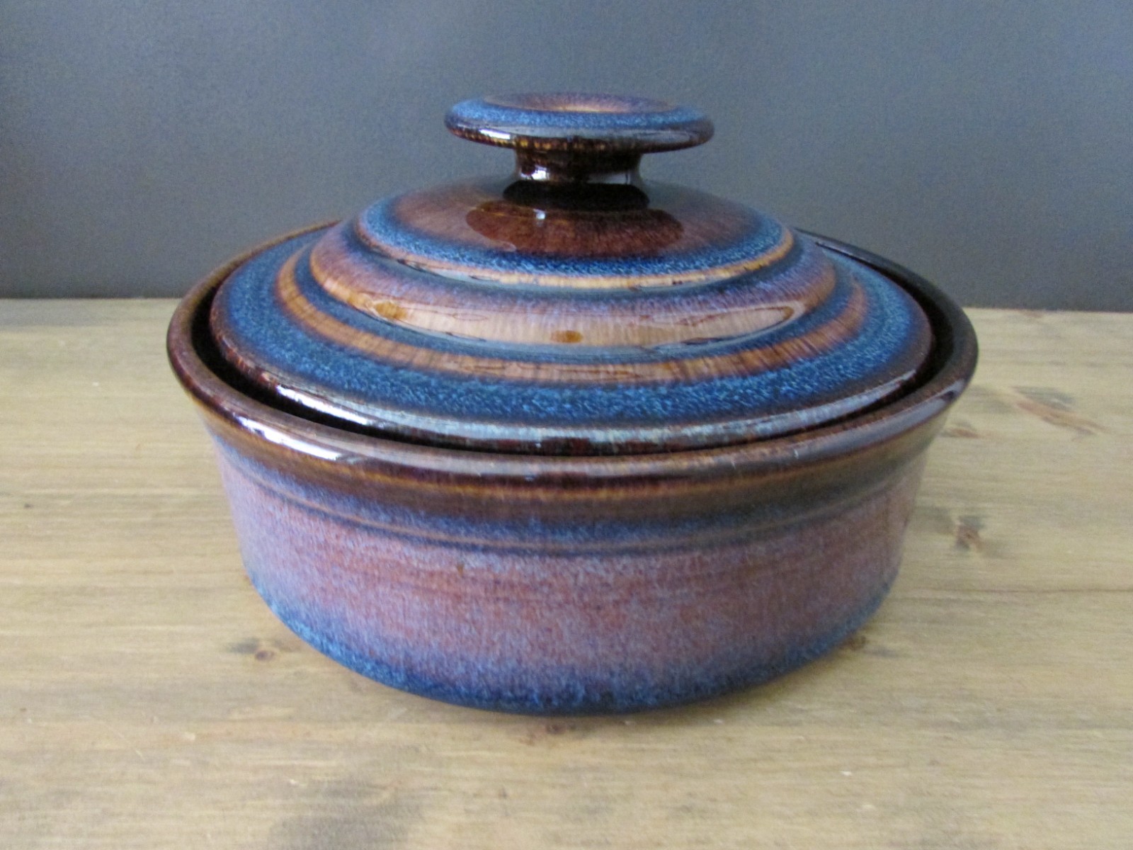 Handmade Studio Pottery Covered Serving Dish Blue Glaze 8″ Dia. Stoneware