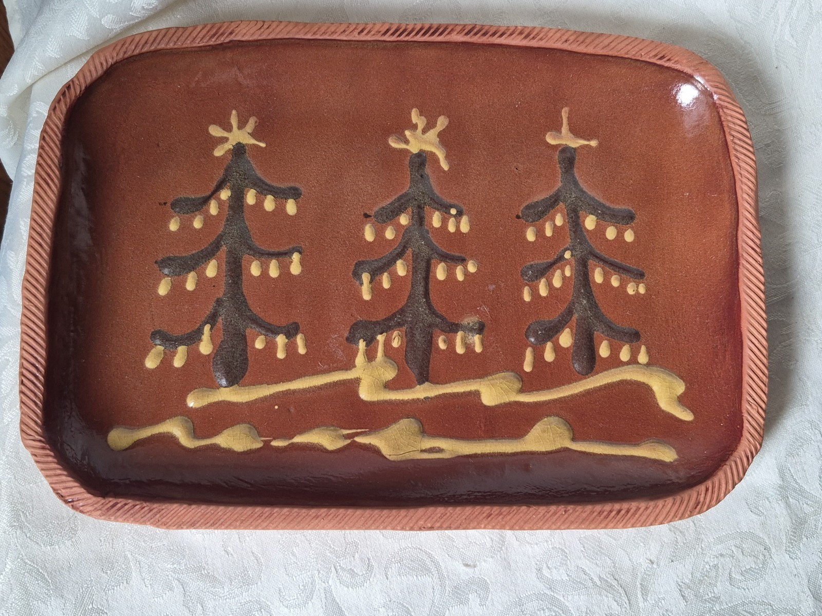 Rare sgd Bullard Pottery MA Red Clay Slipware Pottery Christmas Tree Plate Wow!